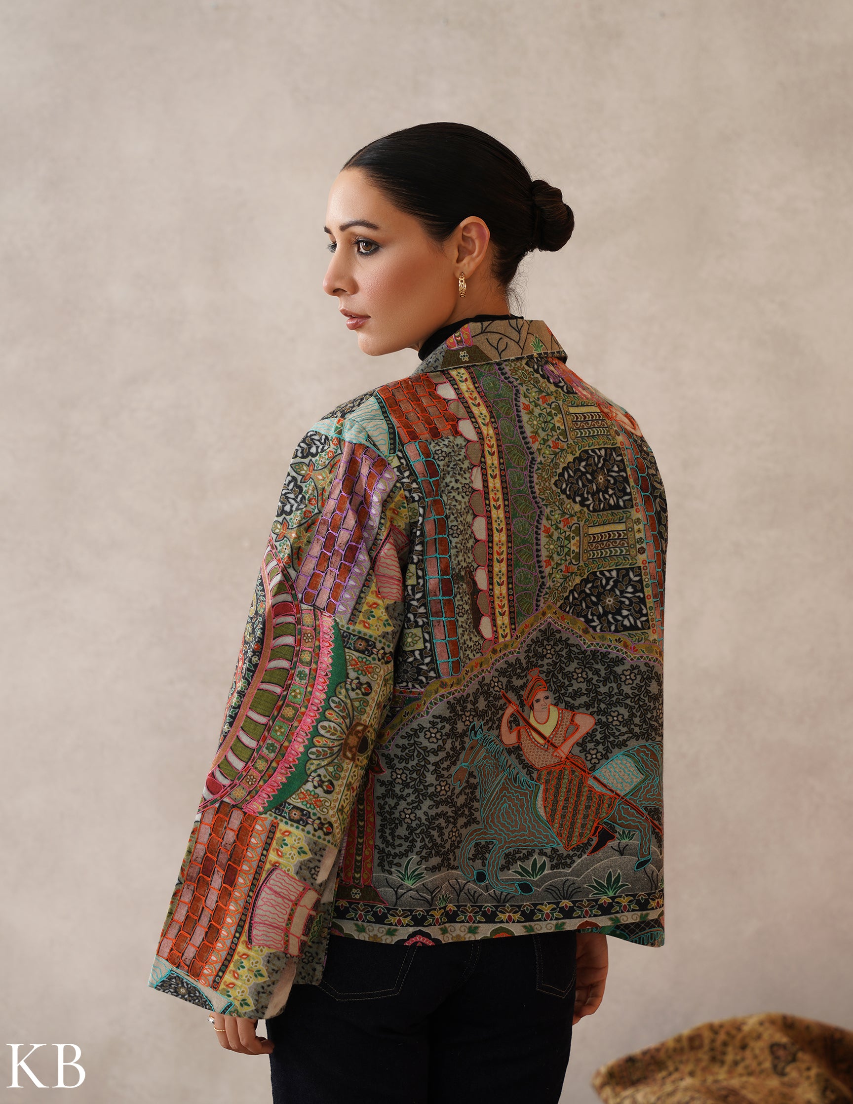 Nayaab Multicolour Kalamkari Print Sozni Outlined Fine Wool Blazer - Kashmir Box
