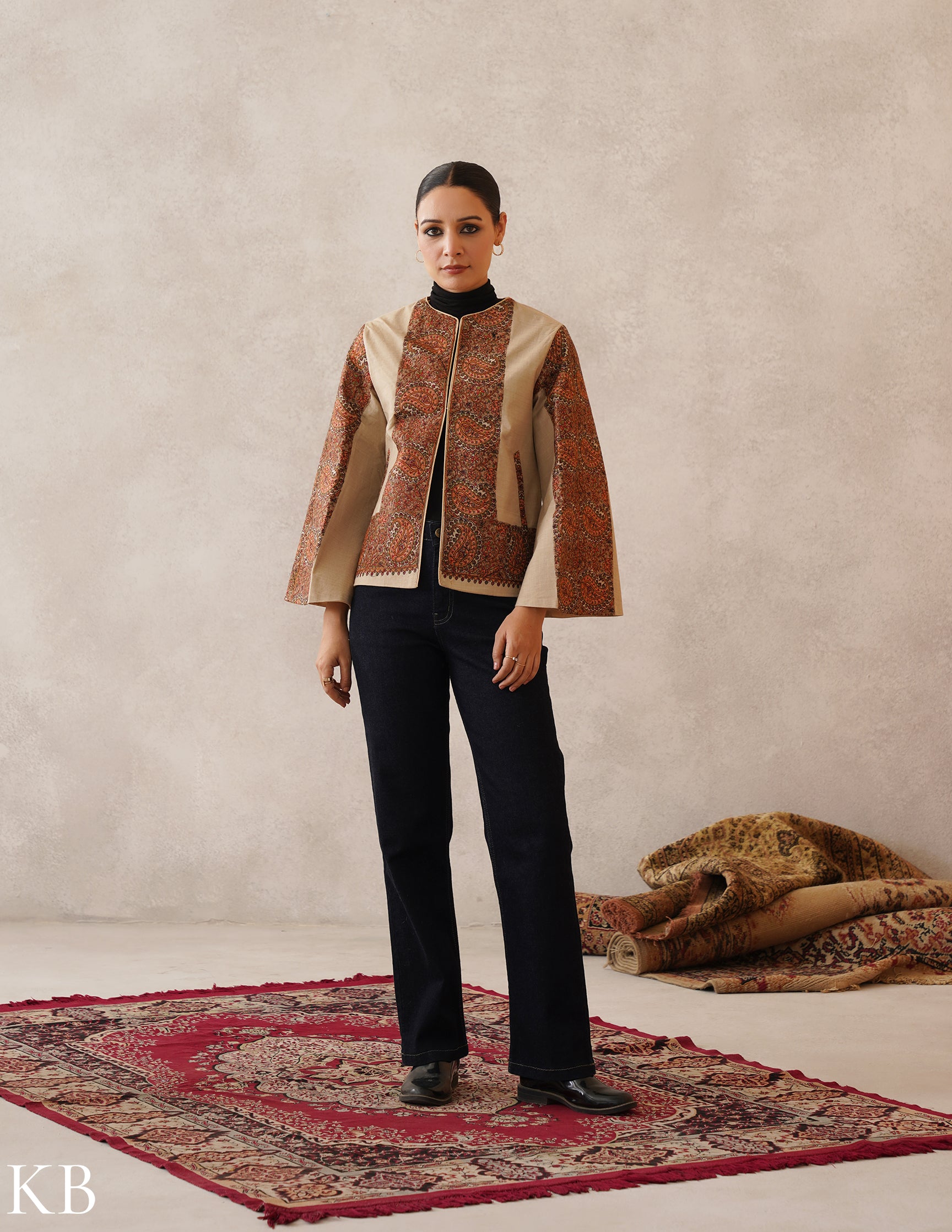 Nayaab Light Fawn Kashmiri Sozni Wool Cape Jacket - Kashmir Box