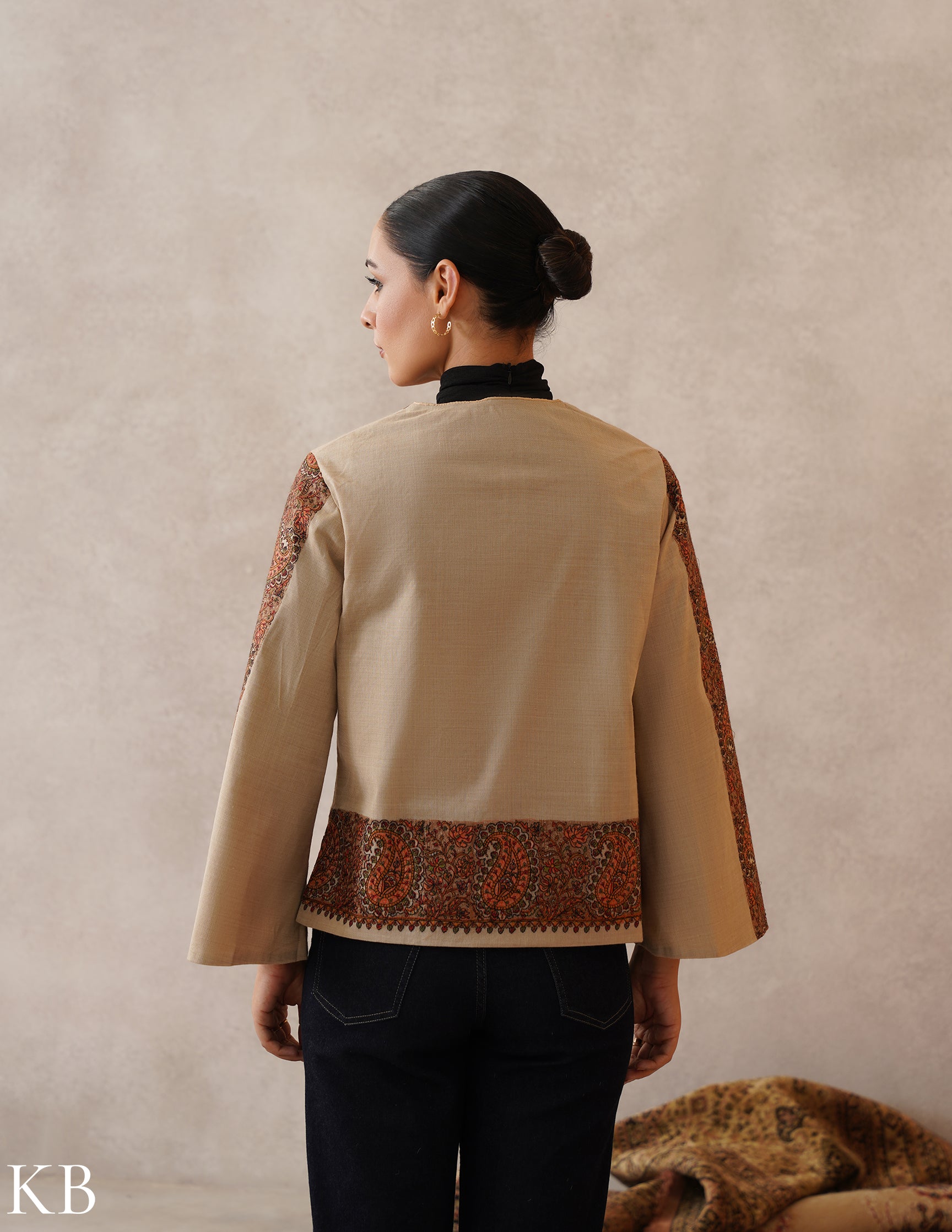 Nayaab Light Fawn Kashmiri Sozni Wool Cape Jacket - Kashmir Box