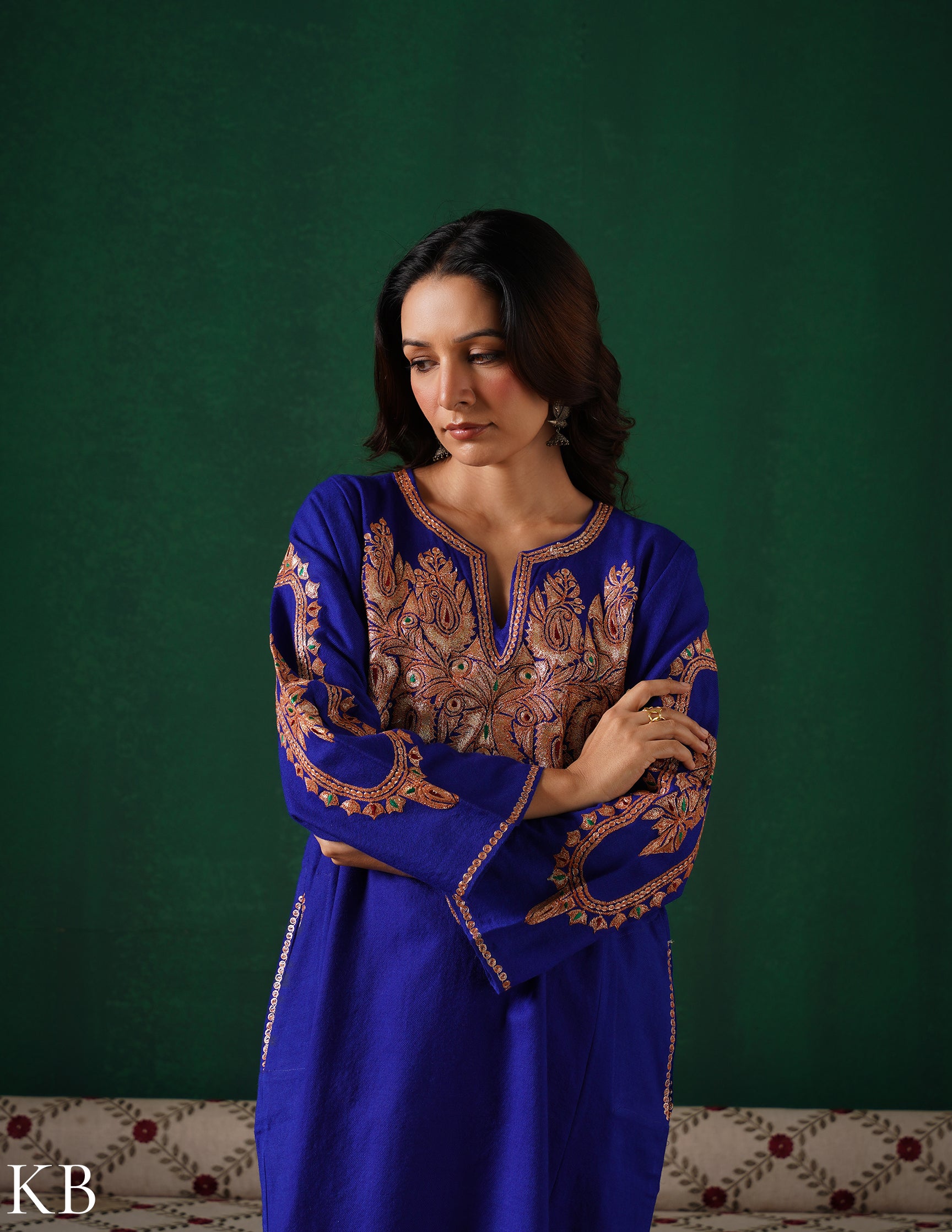 Kashmiri Golden Boti Tilla Embroidered Woollen Phiran – Royal Blue | Handcrafted Heritage - Kashmir Box