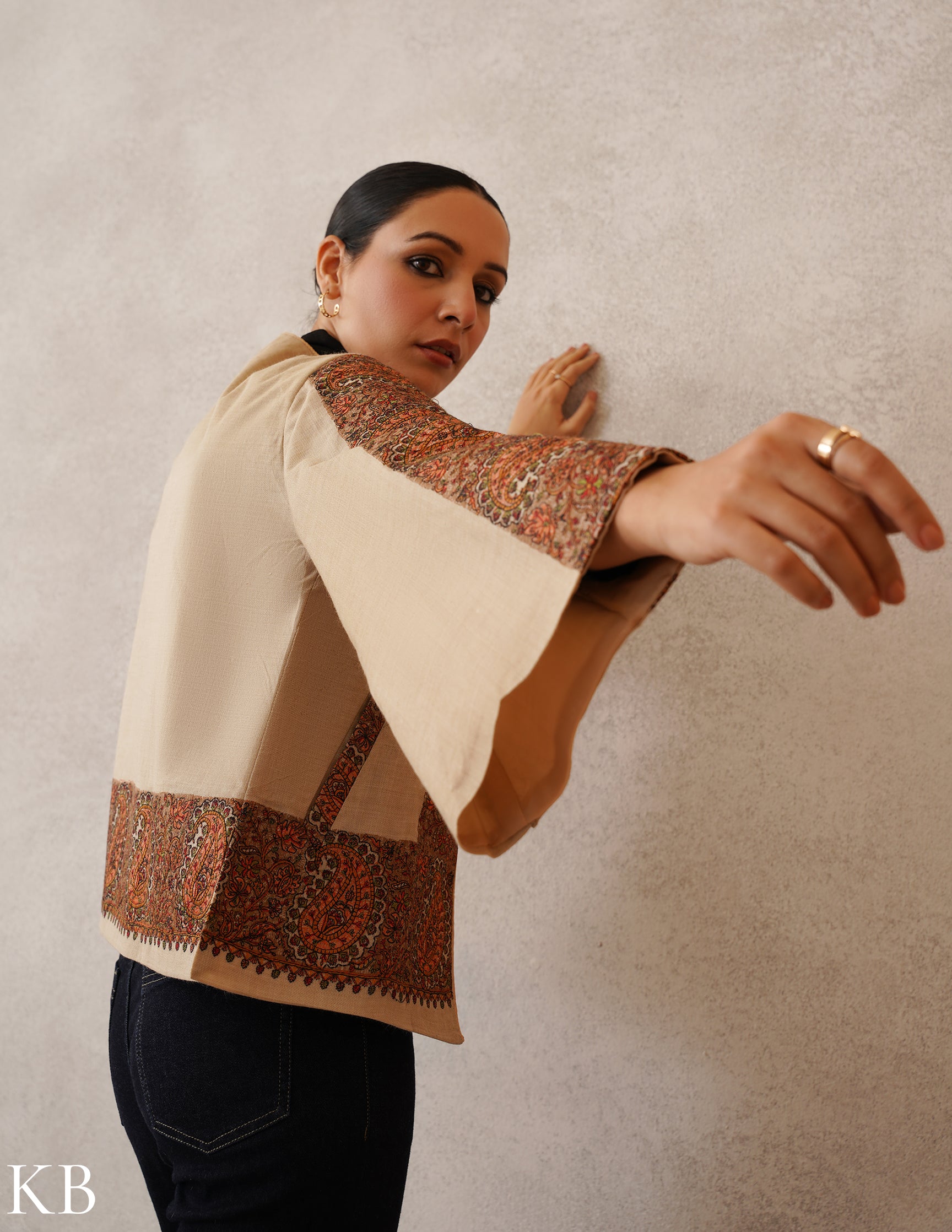 Nayaab Light Fawn Kashmiri Sozni Wool Cape Jacket - Kashmir Box