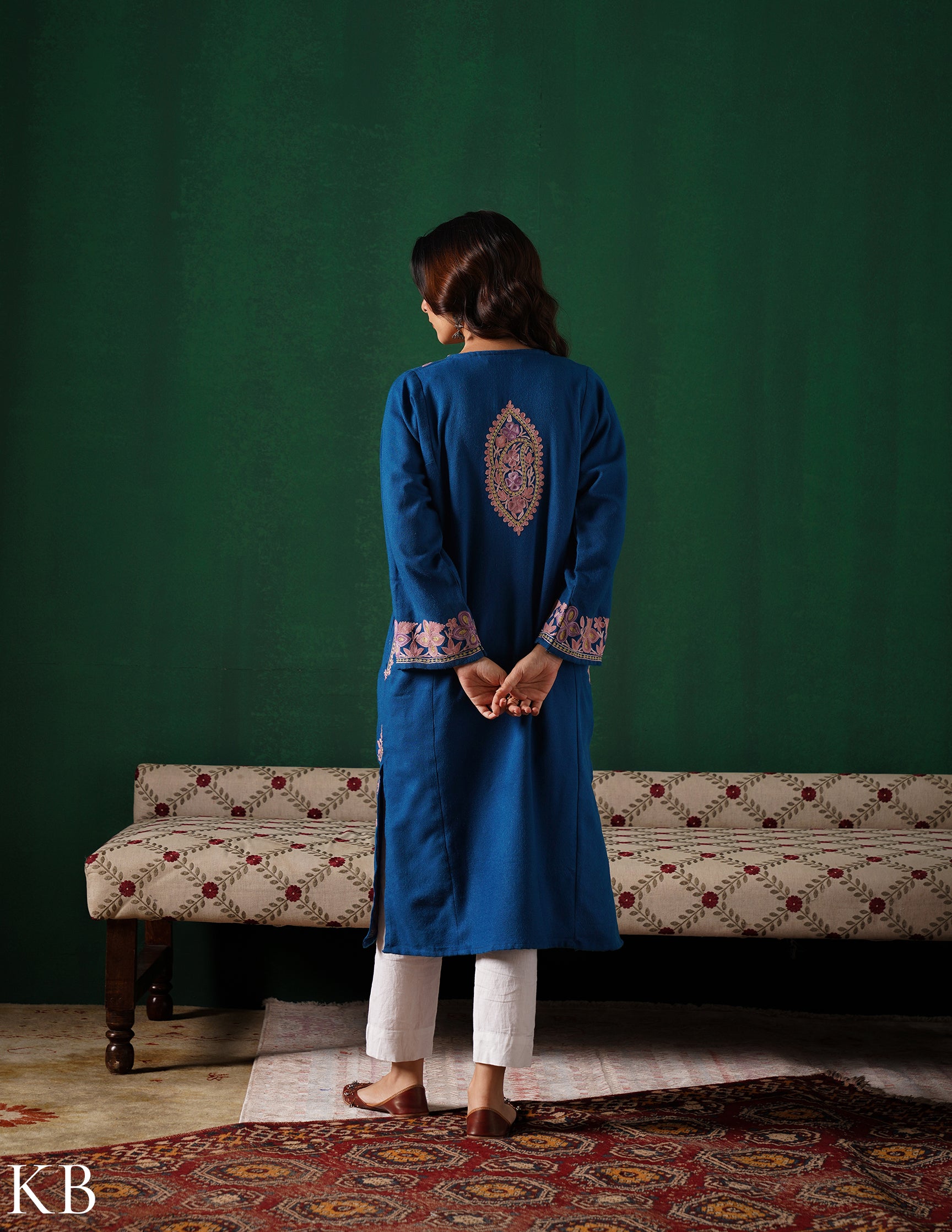 Kashmiri Aari & Zari Embroidered Woollen Phiran – Teal Blue | Handcrafted Heritage - Kashmir Box
