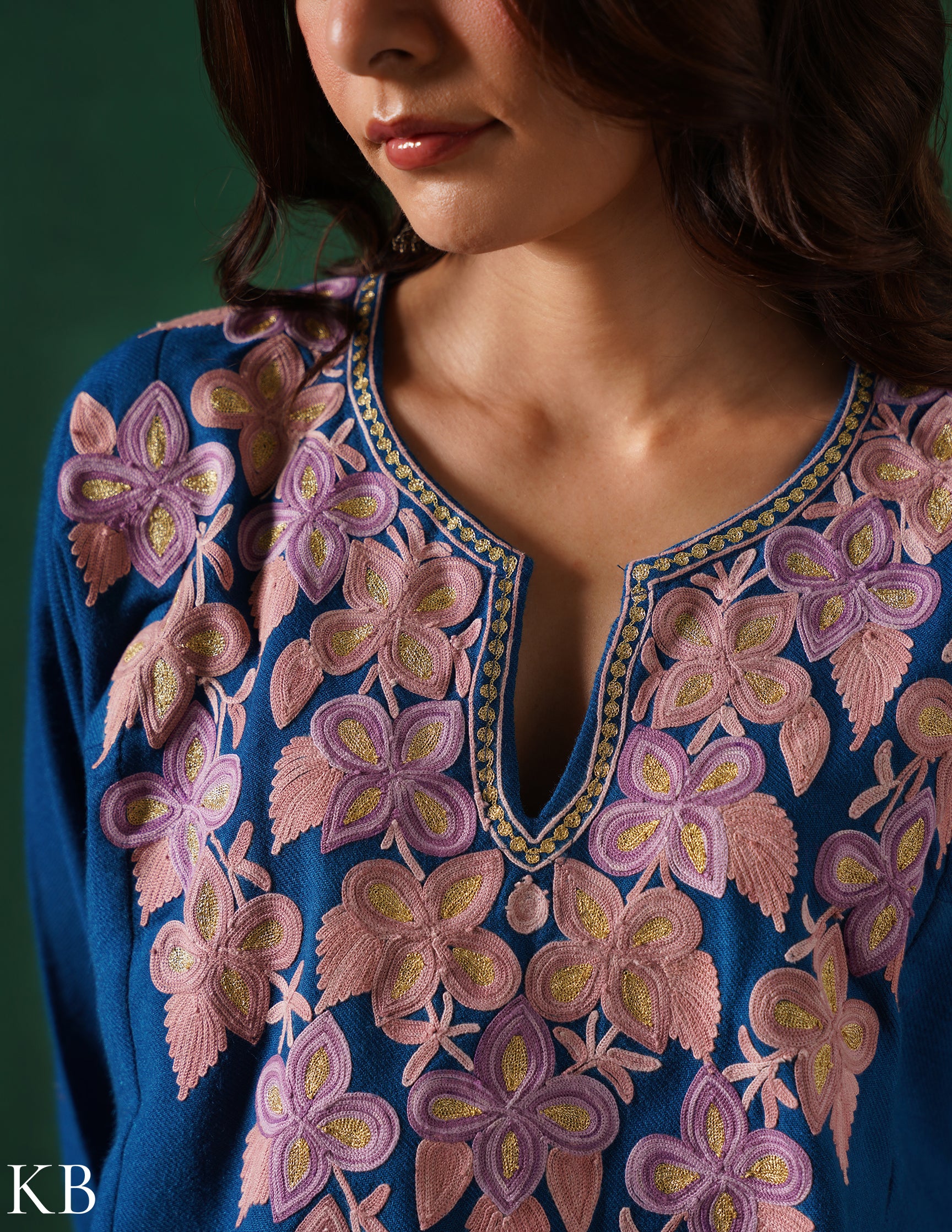 Kashmiri Aari & Zari Embroidered Woollen Phiran – Teal Blue | Handcrafted Heritage - Kashmir Box