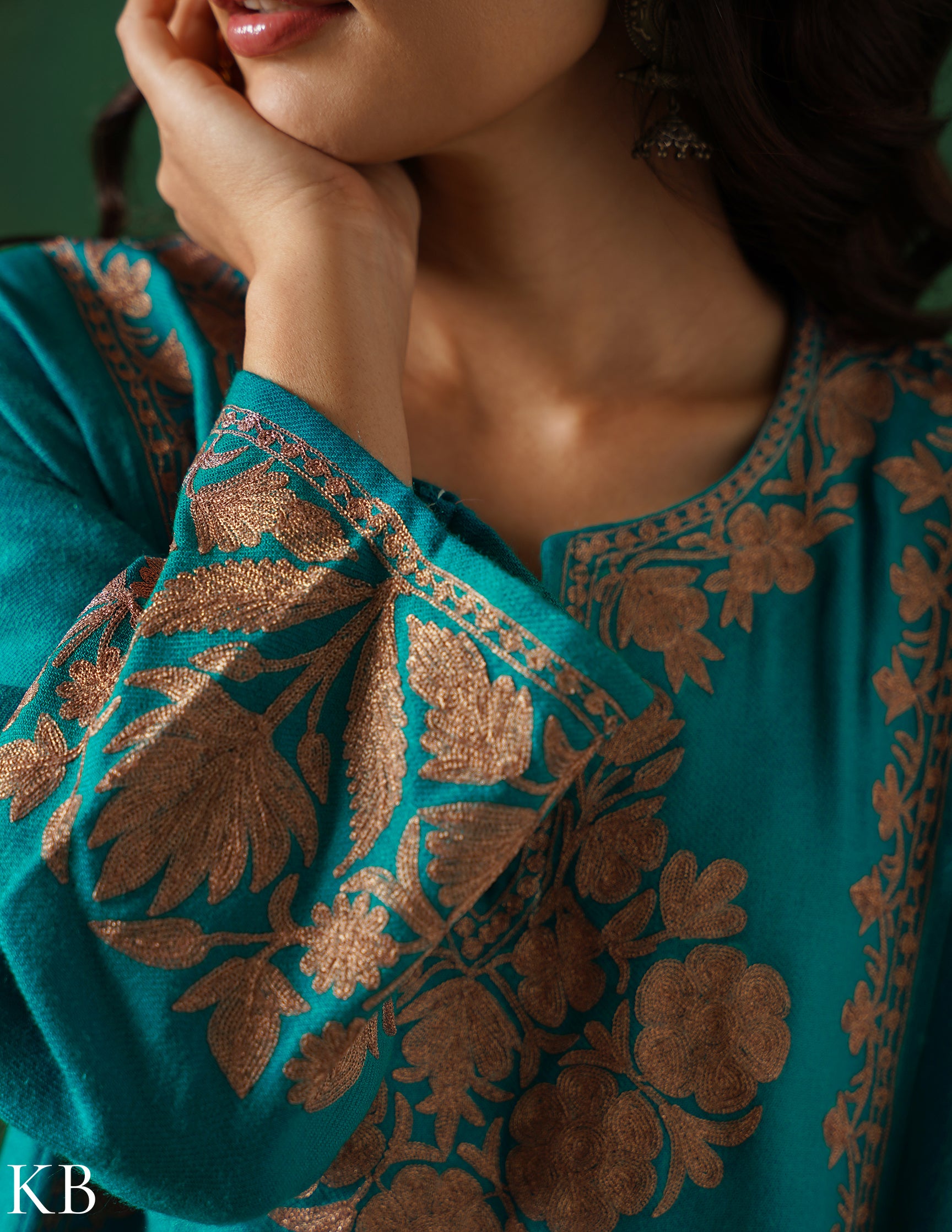 Teal Green Kashmiri Dark Brown Zari Embroidered Woollen Phiran | Handcrafted Heritage - Kashmir Box