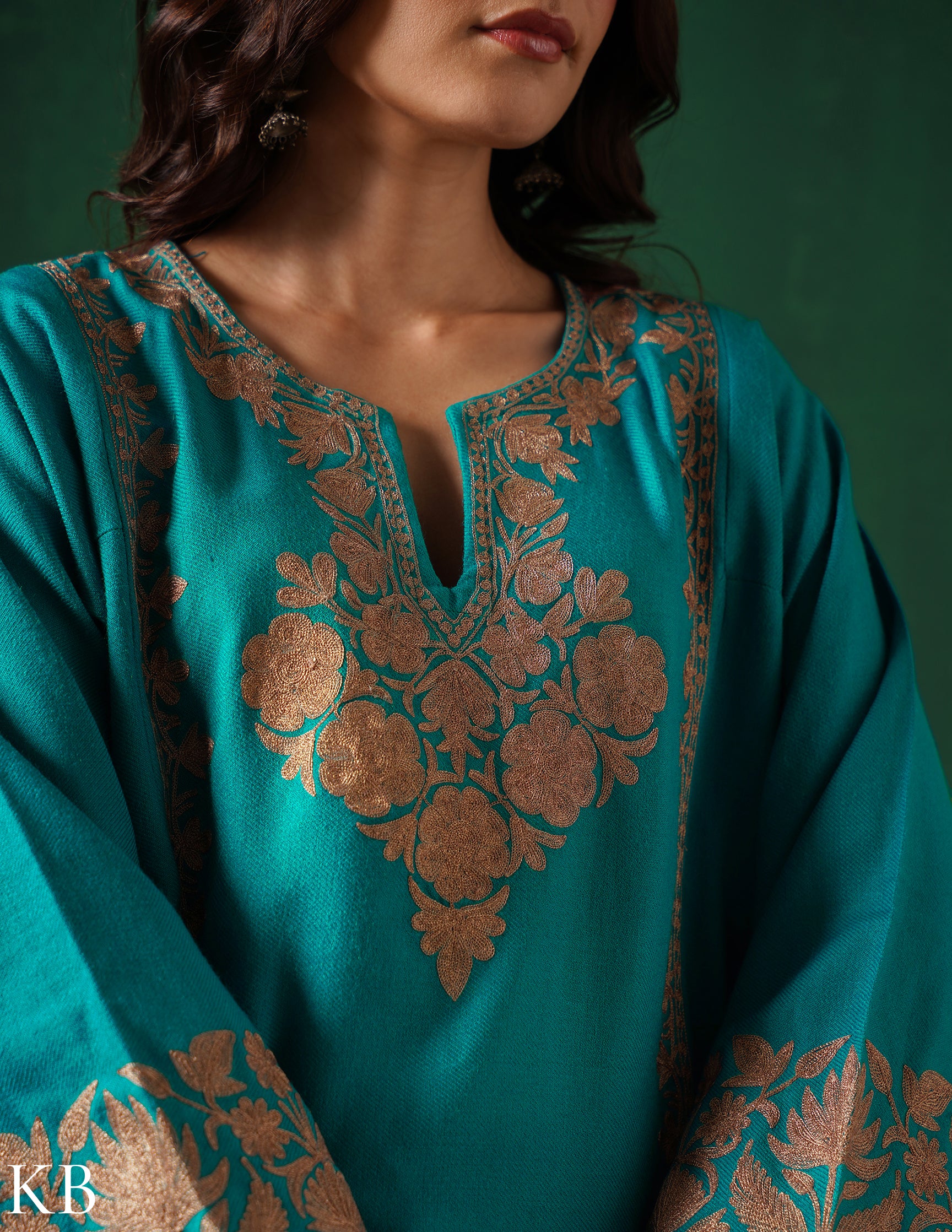 Teal Green Kashmiri Dark Brown Zari Embroidered Woollen Phiran | Handcrafted Heritage - Kashmir Box