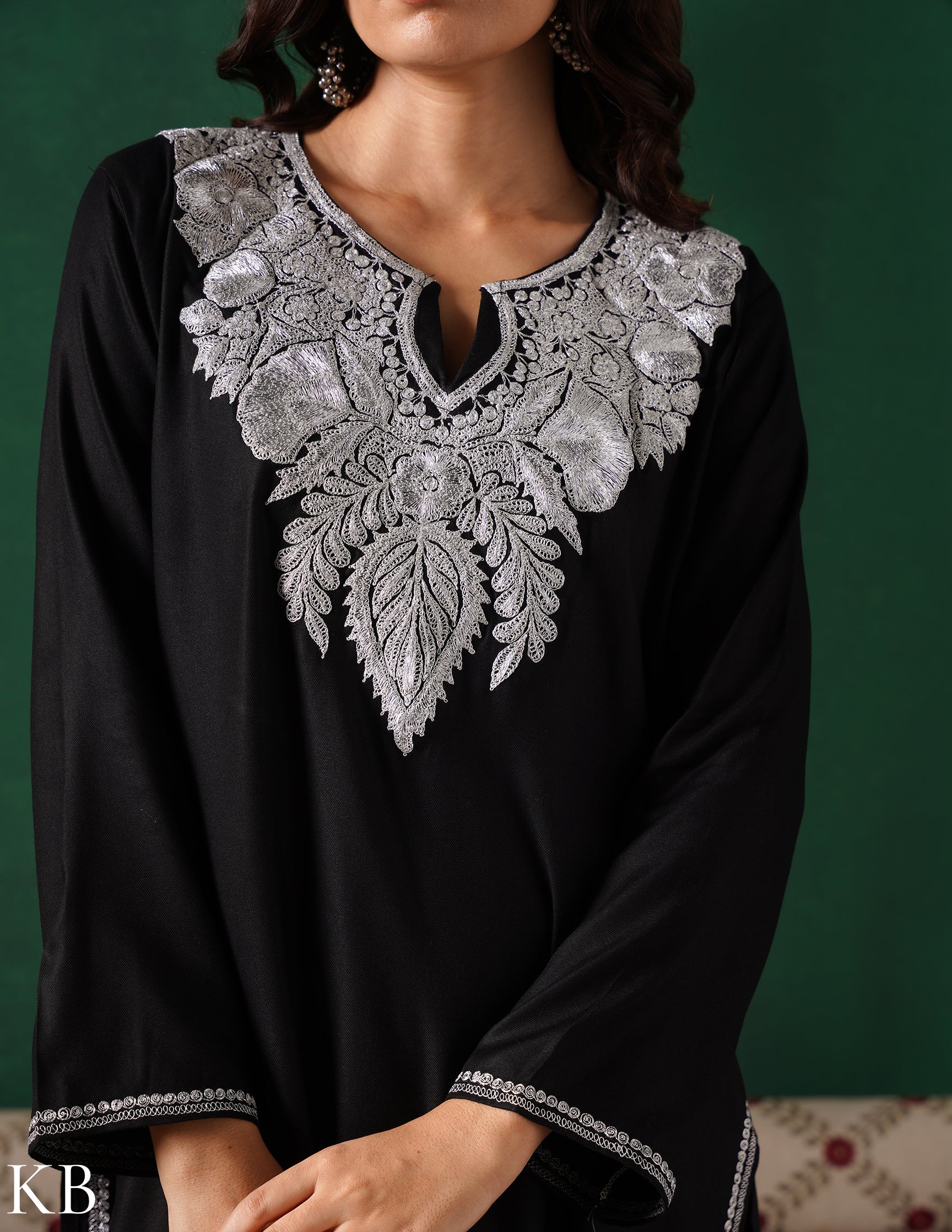 Kashmiri Silver Boti Tilla Embroidered Woollen Coordset – Black | Handcrafted Heritage - Kashmir Box