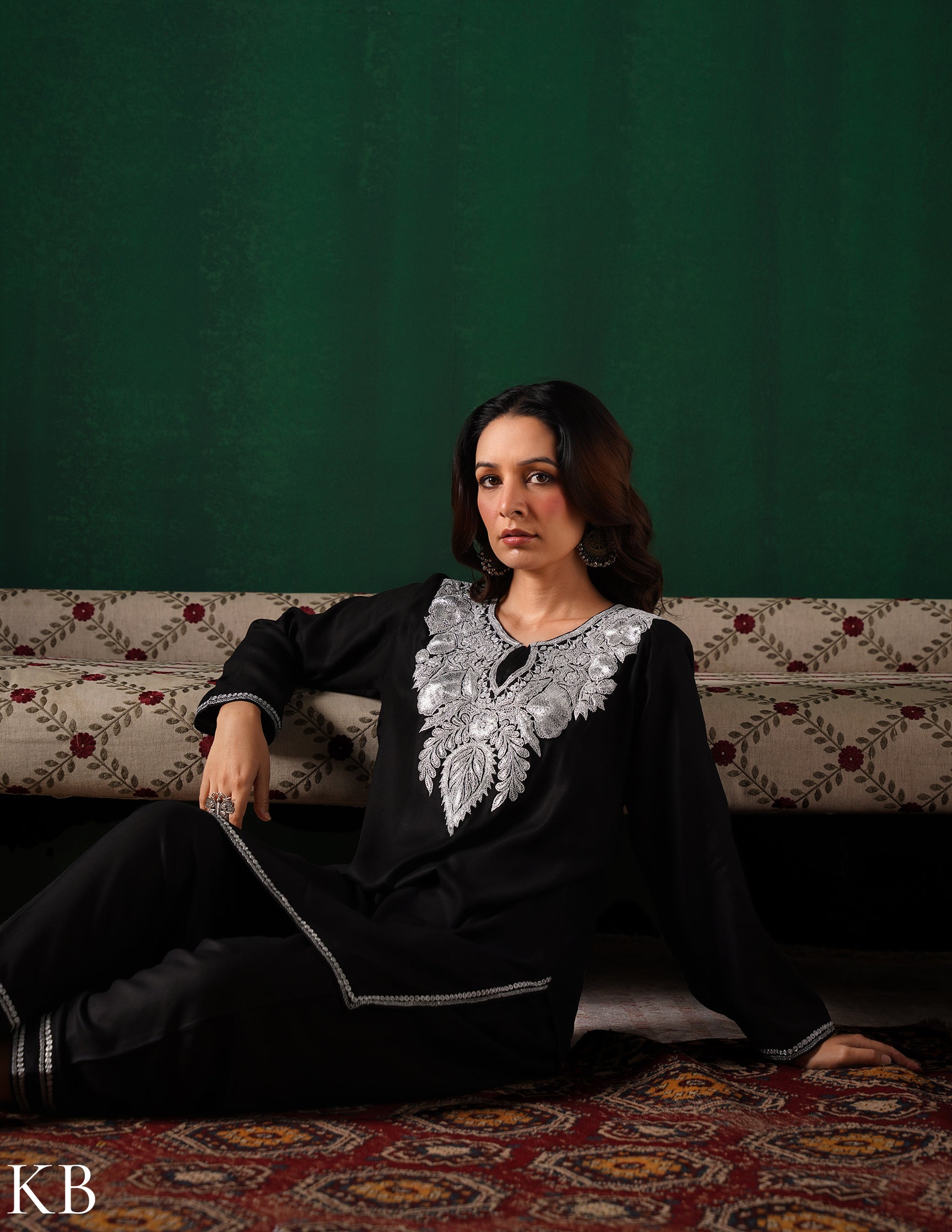 Kashmiri Silver Boti Tilla Embroidered Woollen Coordset – Black | Handcrafted Heritage - Kashmir Box