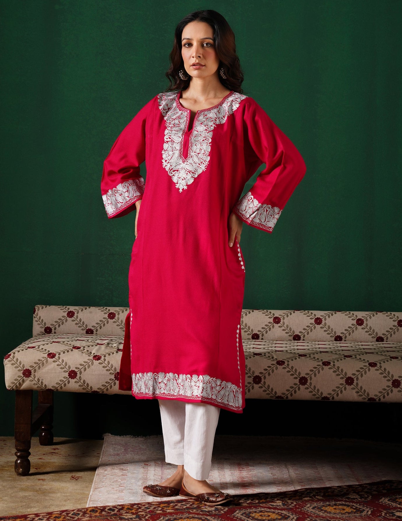 Kashmiri Silver Zari Embroidered Woollen Phiran – Pink | Handcrafted Heritage - Kashmir Box