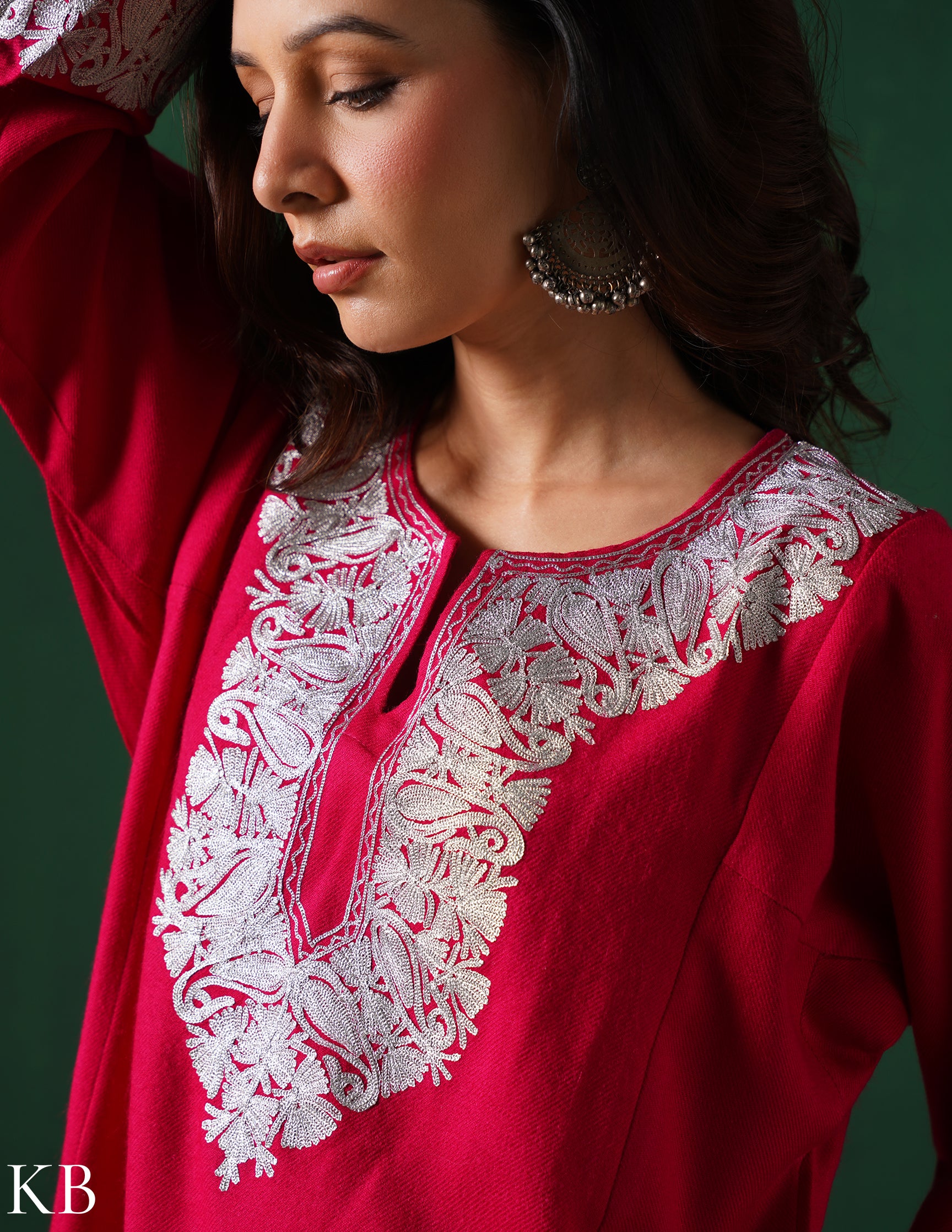 Kashmiri Silver Zari Embroidered Woollen Phiran – Pink | Handcrafted Heritage - Kashmir Box