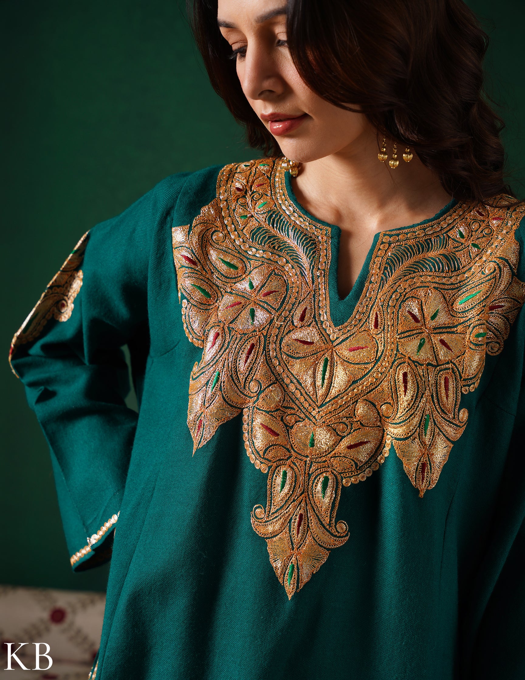 Kashmiri Golden Boti Tilla Embroidered Woollen Phiran – Bottle Green | Handcrafted Heritage - Kashmir Box