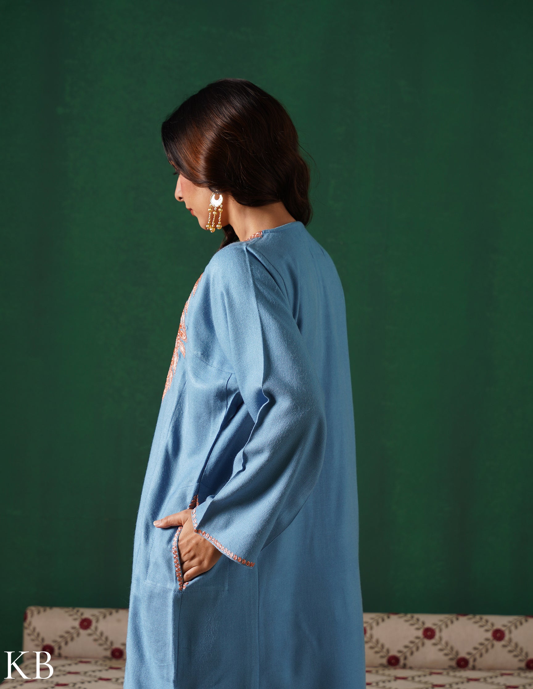 Kashmiri Golden Boti Tilla Embroidered Woollen Phiran – Light Blue | Handcrafted Heritage - Kashmir Box