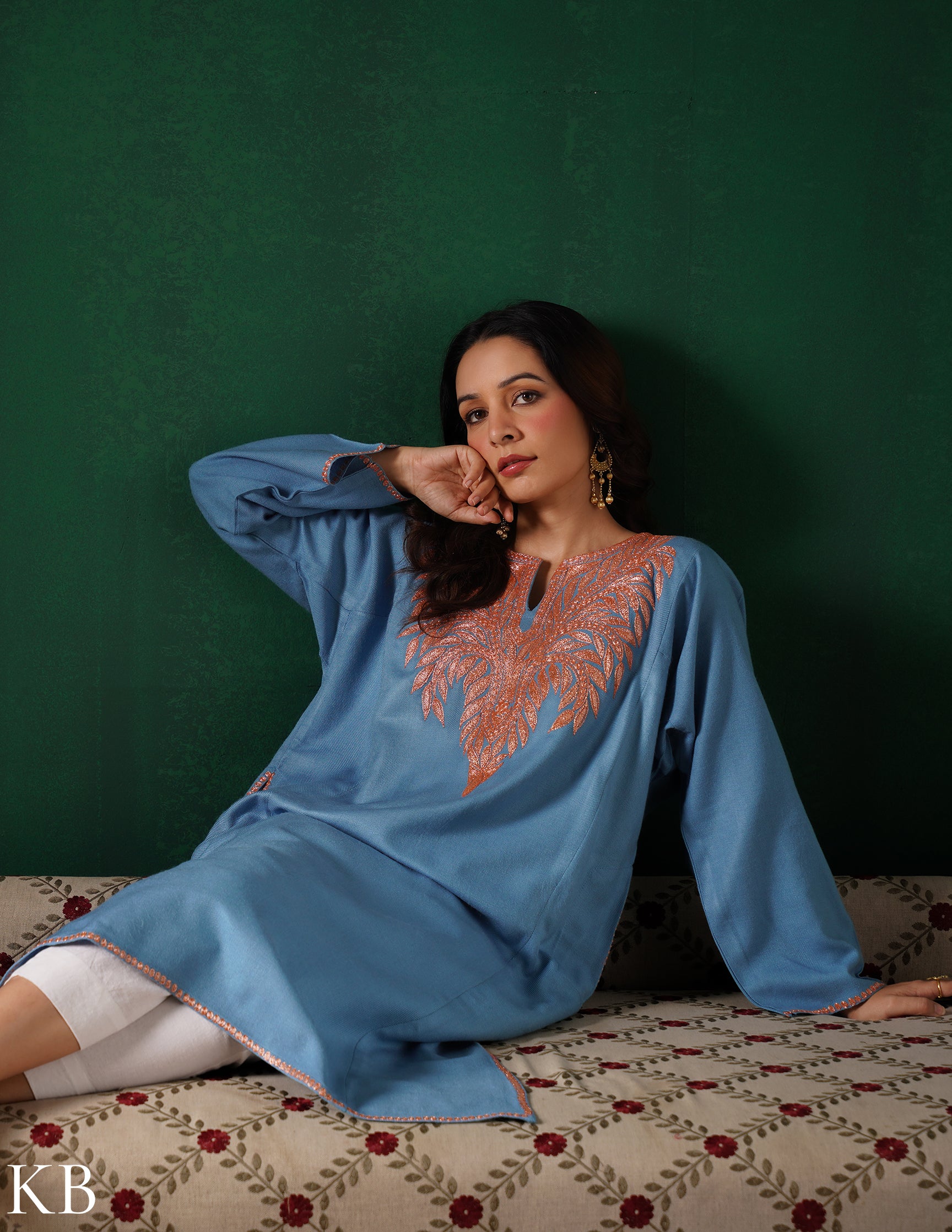 Kashmiri Golden Boti Tilla Embroidered Woollen Phiran – Light Blue | Handcrafted Heritage - Kashmir Box