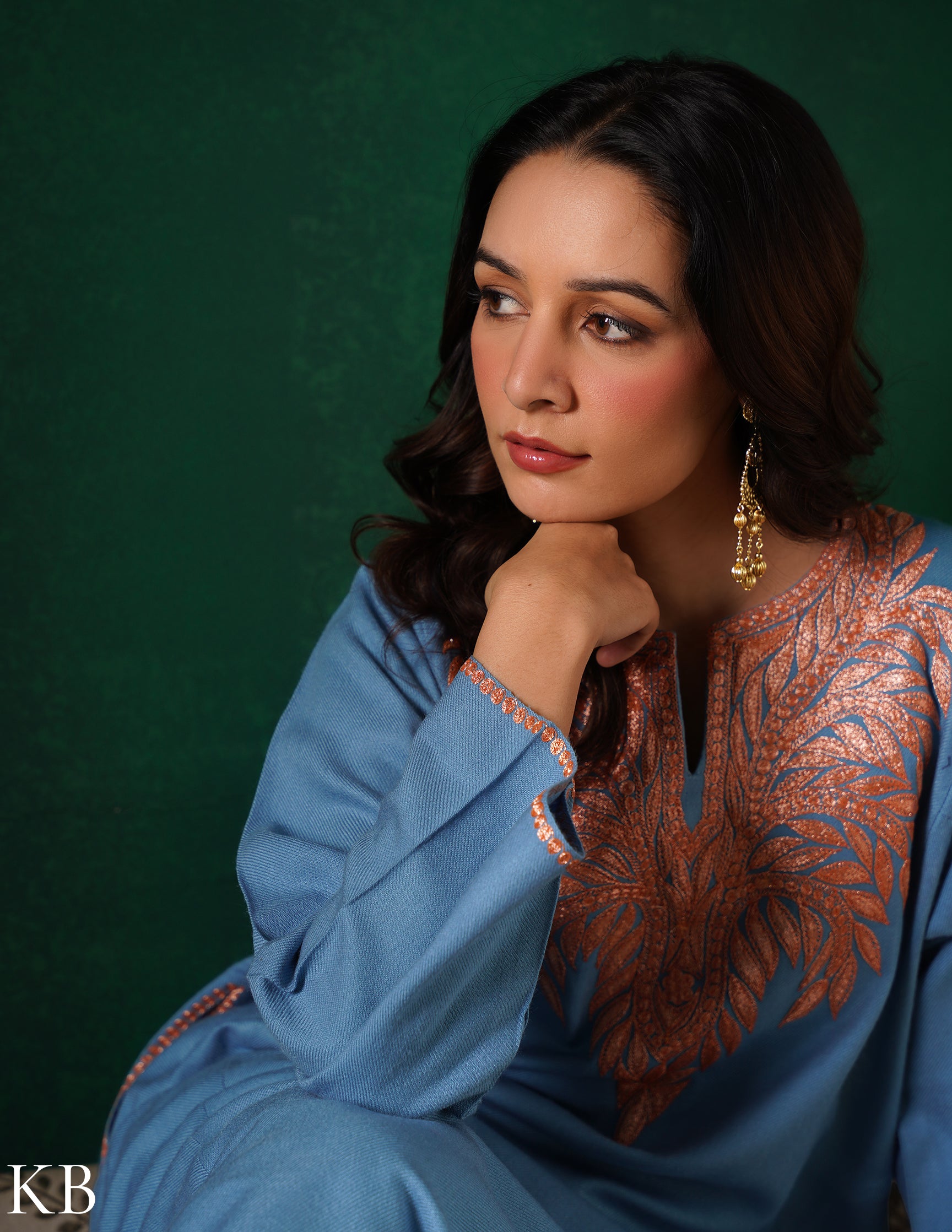 Kashmiri Golden Boti Tilla Embroidered Woollen Phiran – Light Blue | Handcrafted Heritage - Kashmir Box