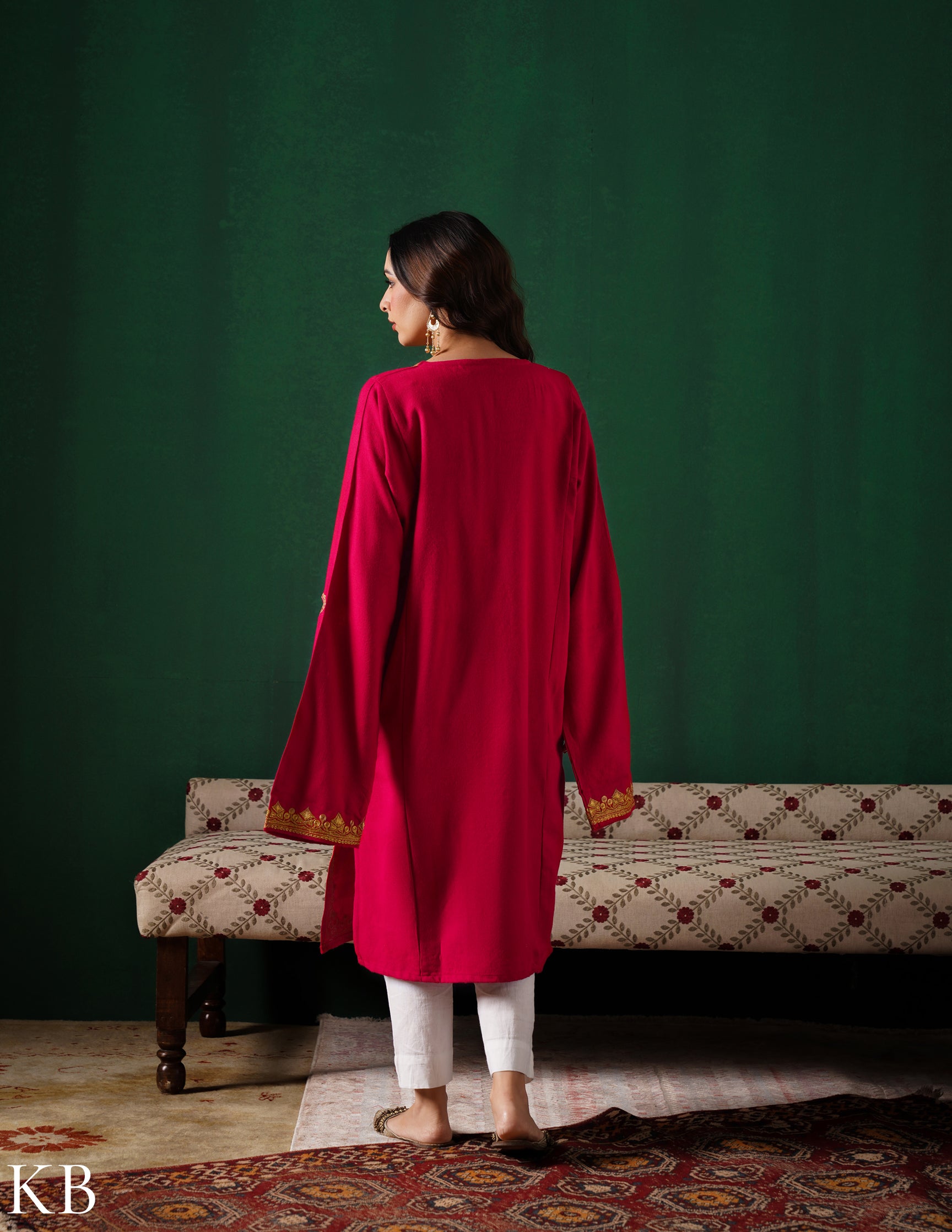 Kashmiri Golden Boti Tilla Embroidered Woollen Phiran – Magenta Pink | Handcrafted Heritage - Kashmir Box