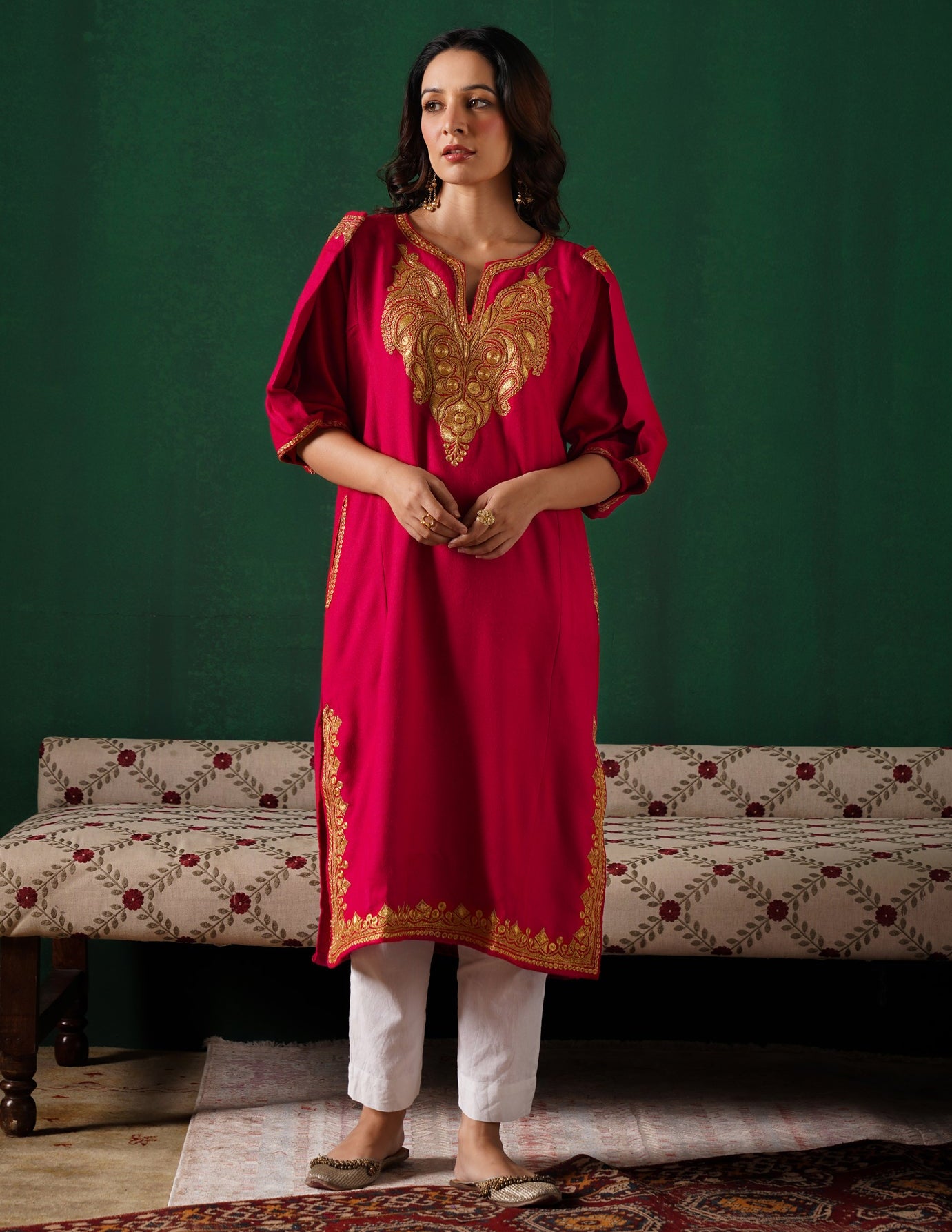 Kashmiri Golden Boti Tilla Embroidered Woollen Phiran – Magenta Pink | Handcrafted Heritage - Kashmir Box