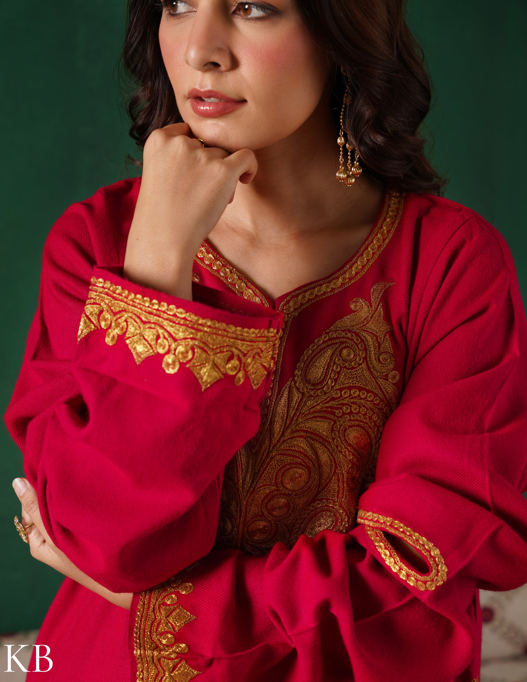 Kashmiri Golden Boti Tilla Embroidered Woollen Phiran – Magenta Pink | Handcrafted Heritage - Kashmir Box