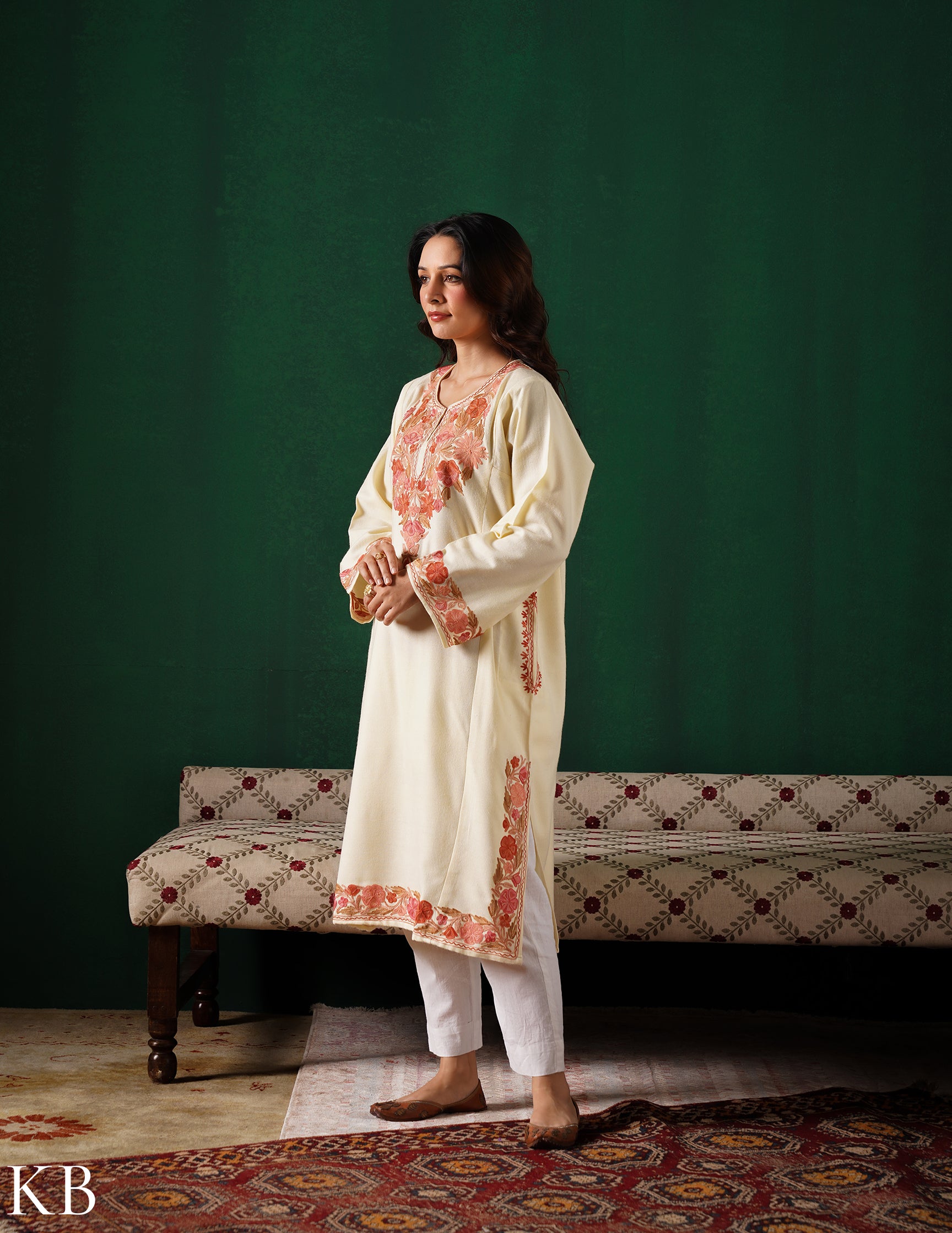 Kashmiri Pink & Golden Aari Embroidered Woollen Phiran – Eggshell White | Timeless Winter Wear - Kashmir Box