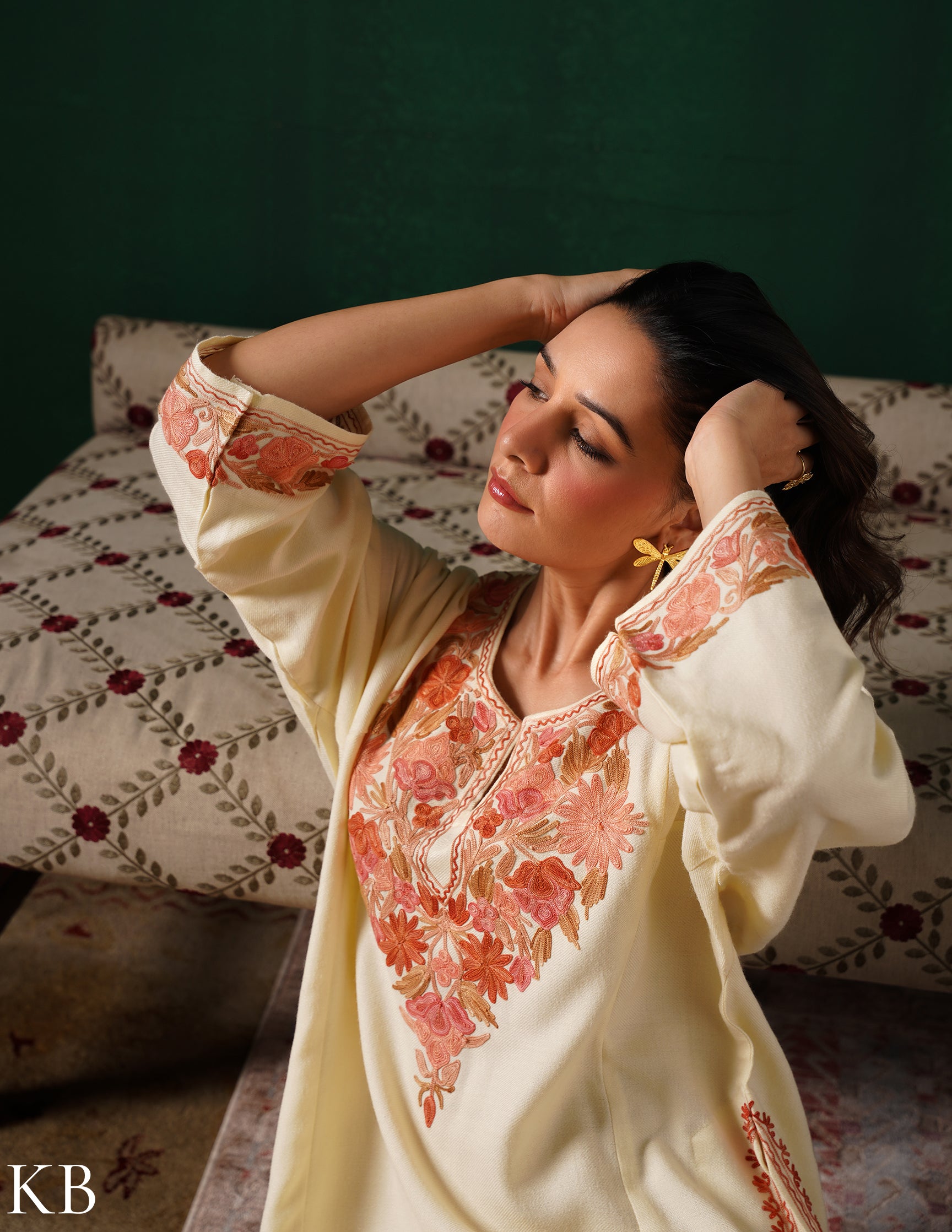 Kashmiri Pink & Golden Aari Embroidered Woollen Phiran – Eggshell White | Timeless Winter Wear - Kashmir Box