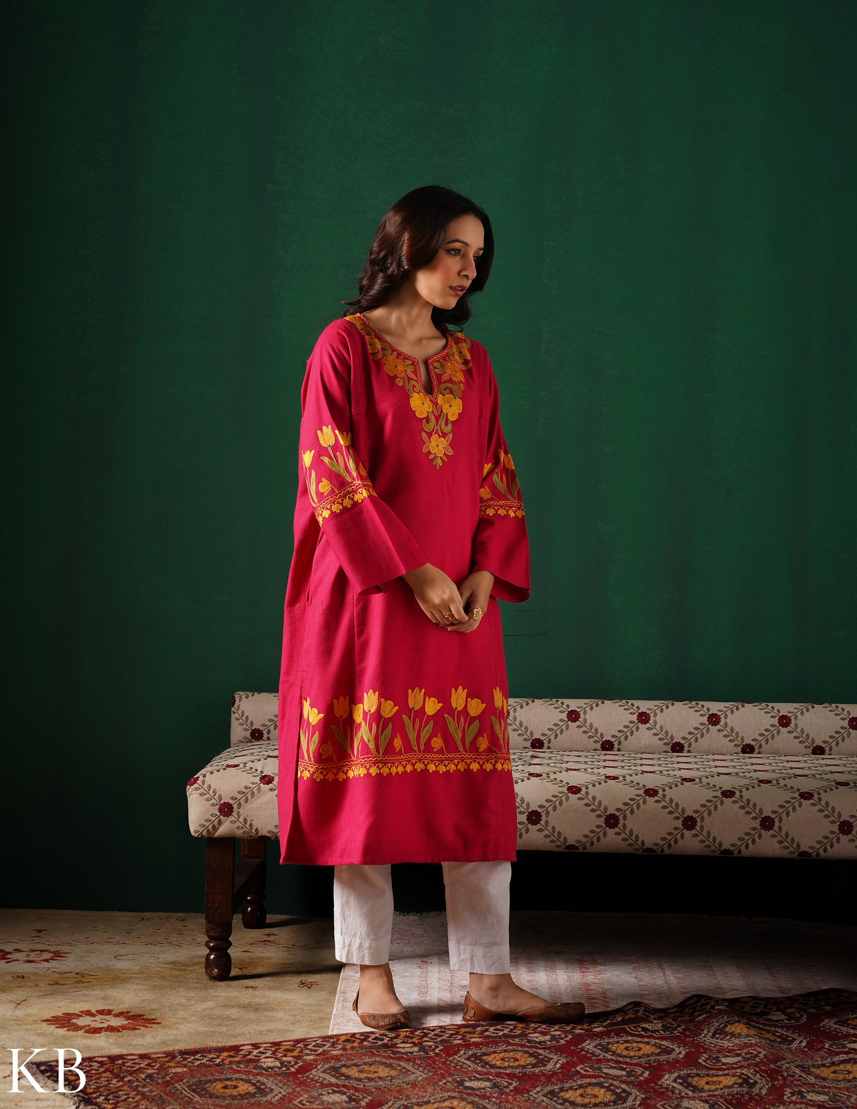 Kashmiri Golden & Green Aari Embroidered Woollen Phiran – Pink | Timeless Winter Wear - Kashmir Box