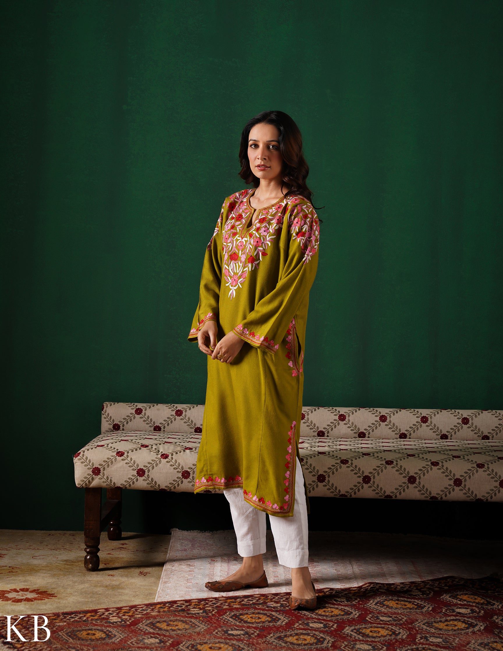 Kashmiri Multi Colour Aari Embroidered Woollen Phiran – Green | Timeless Winter Wear - Kashmir Box