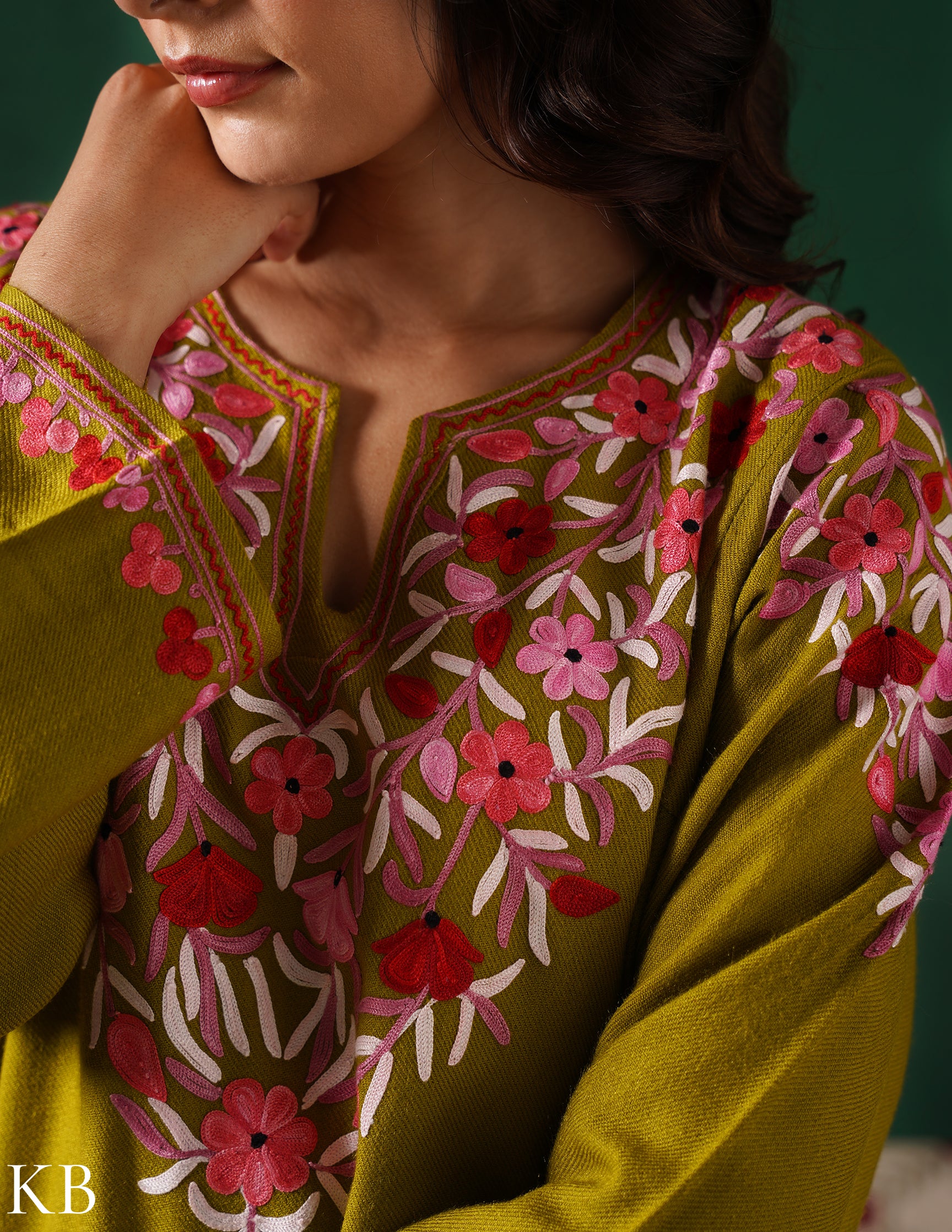 Kashmiri Multi Colour Aari Embroidered Woollen Phiran – Green | Timeless Winter Wear - Kashmir Box