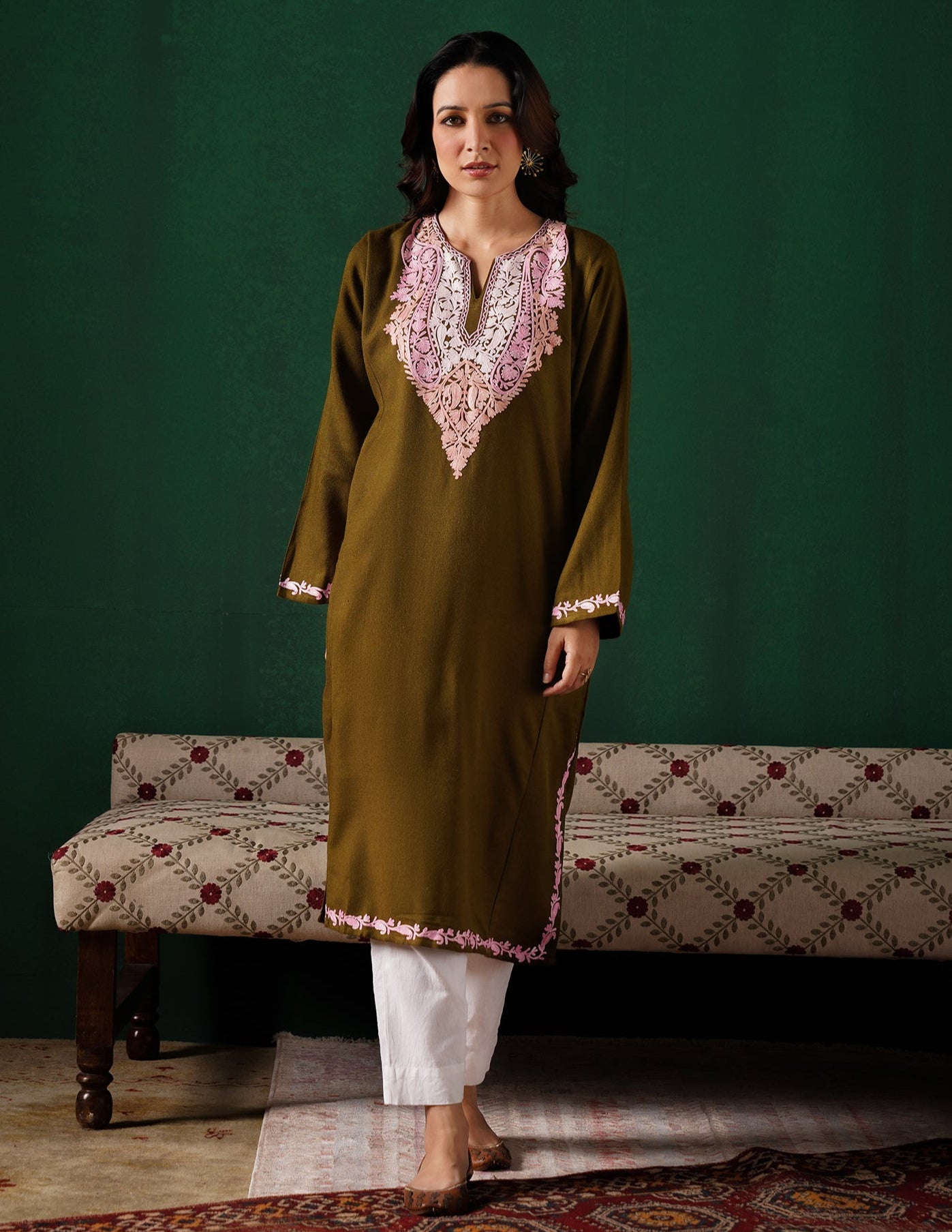 Kashmiri Light Pink Aari Embroidered Woollen Phiran – Olive Green | Timeless Winter Wear - Kashmir Box