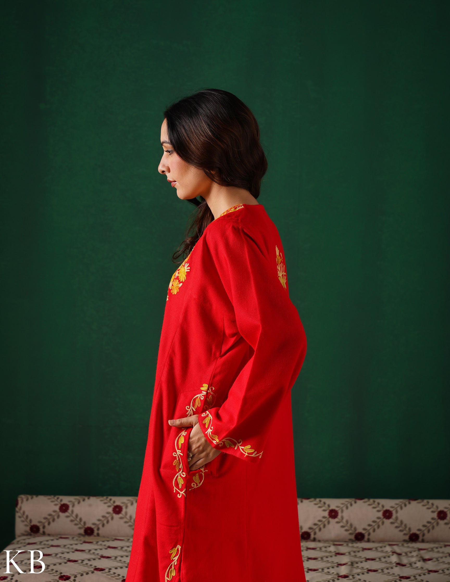 Kashmiri Golden Yellow Aari Embroidered Woollen Phiran – Red | Timeless Winter Wear - Kashmir Box