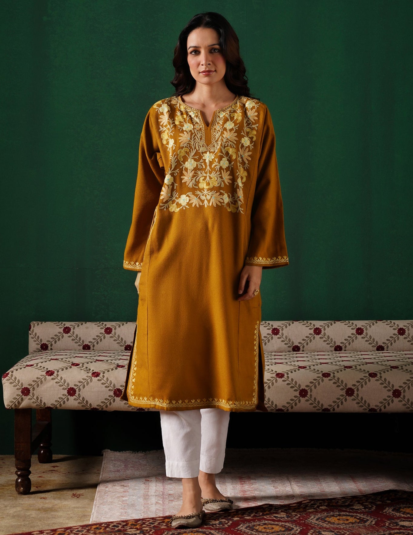 Kashmiri Light Mustard Aari Embroidered Woollen Phiran – Mustard | Timeless Winter Wear - Kashmir Box