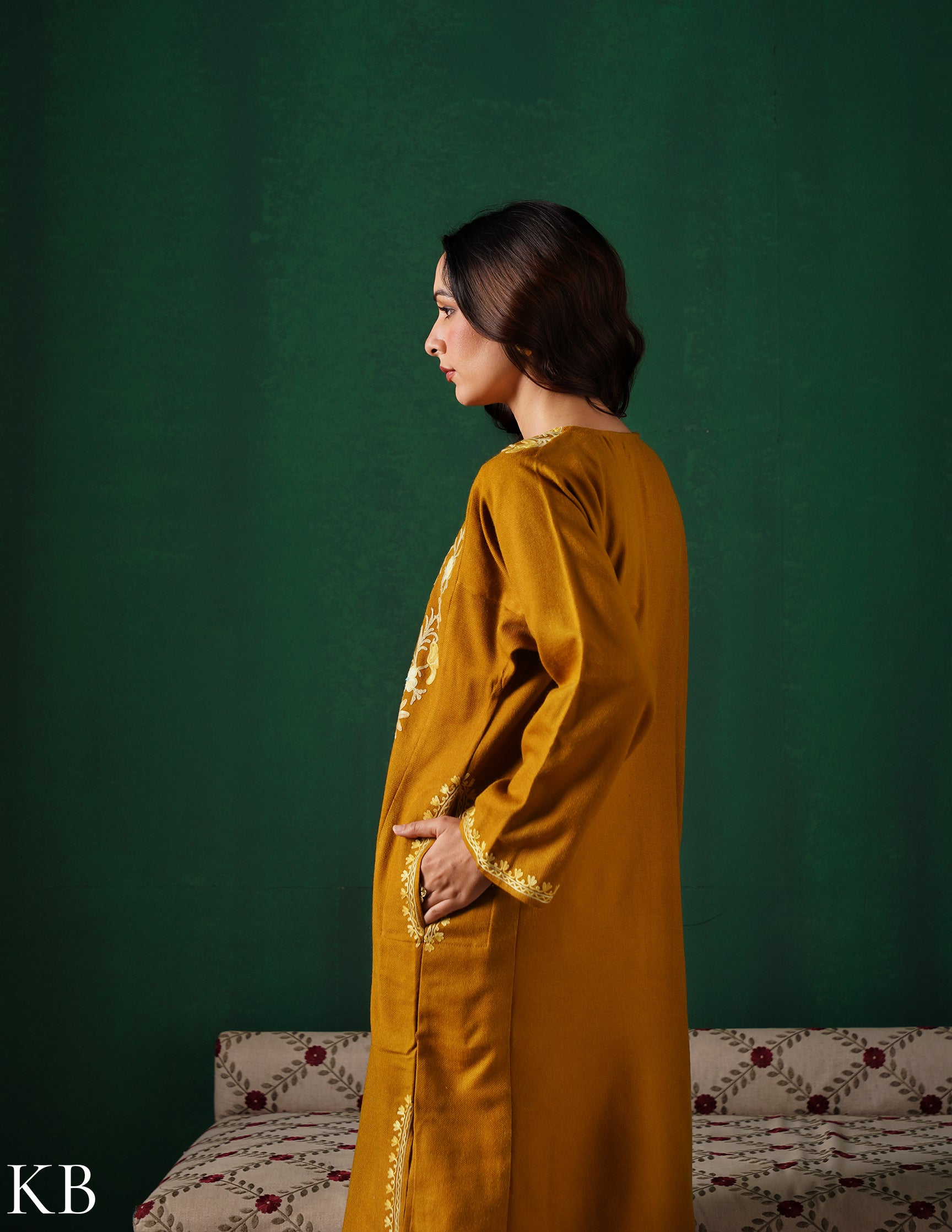 Kashmiri Light Mustard Aari Embroidered Woollen Phiran – Mustard | Timeless Winter Wear - Kashmir Box