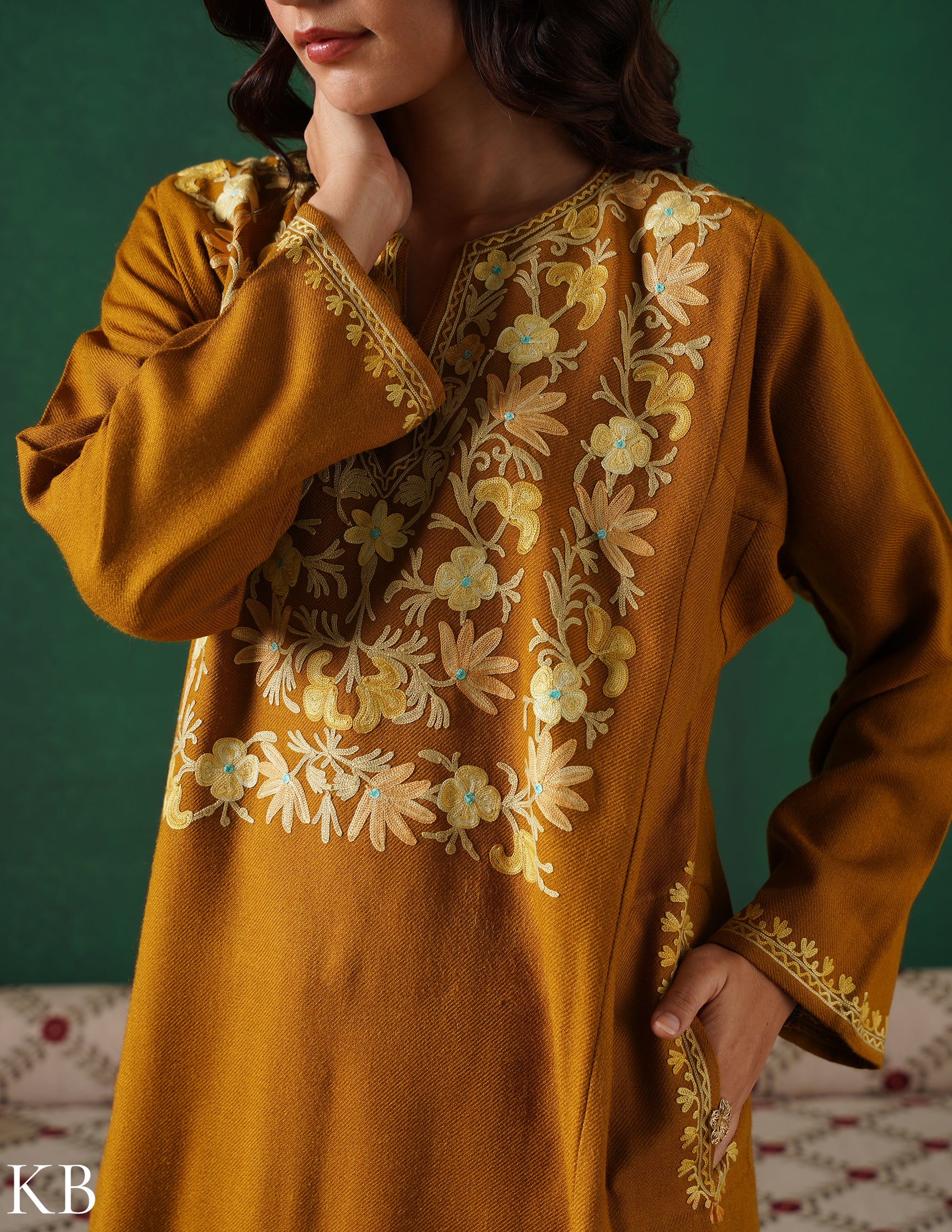 Kashmiri Light Mustard Aari Embroidered Woollen Phiran – Mustard | Timeless Winter Wear - Kashmir Box