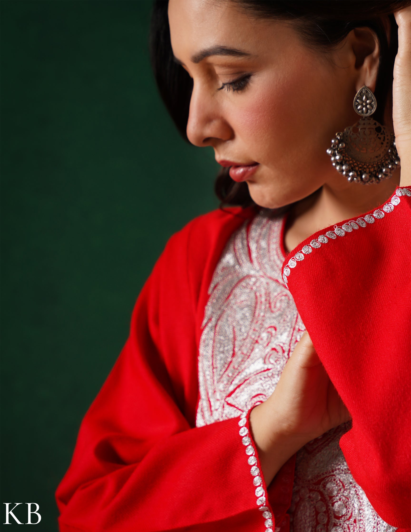 Kashmiri Silver Boti Tilla Embroidered Woollen Phiran – Blood Red | Handcrafted Heritage - Kashmir Box