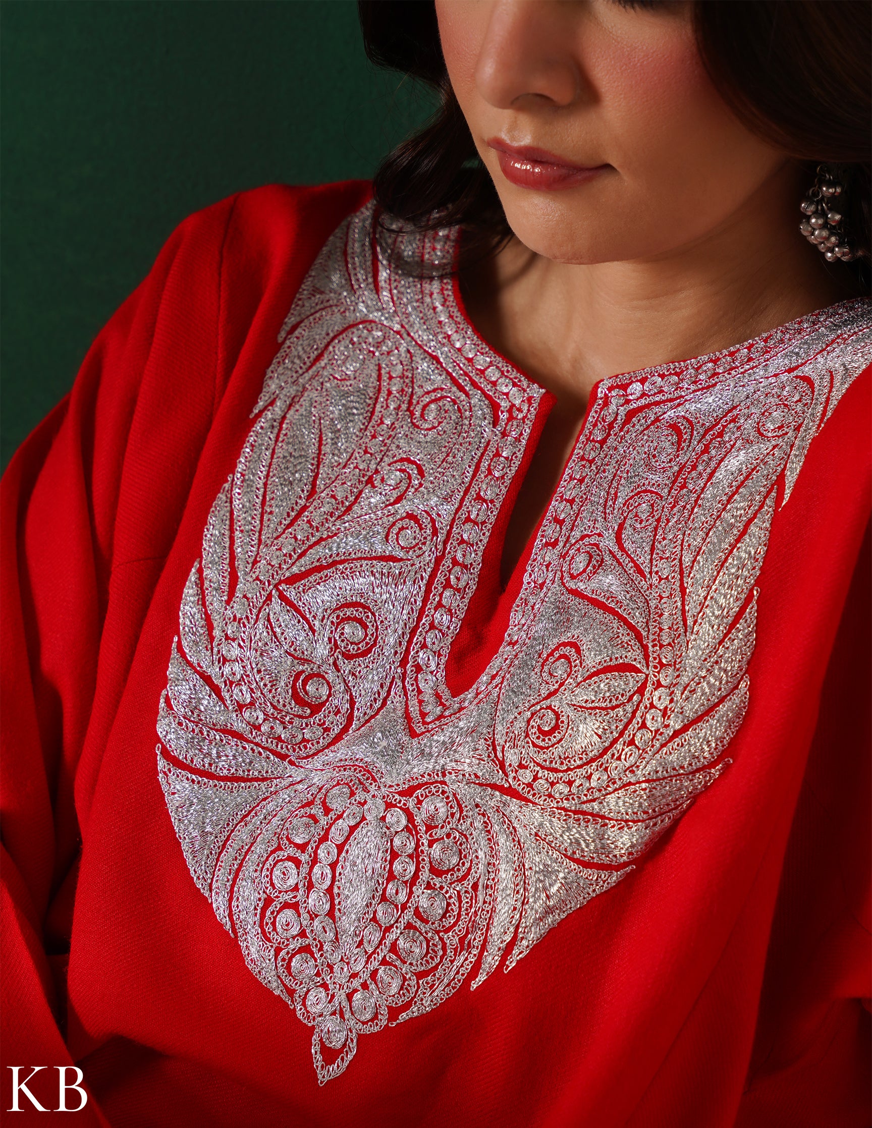 Kashmiri Silver Boti Tilla Embroidered Woollen Phiran – Blood Red | Handcrafted Heritage - Kashmir Box
