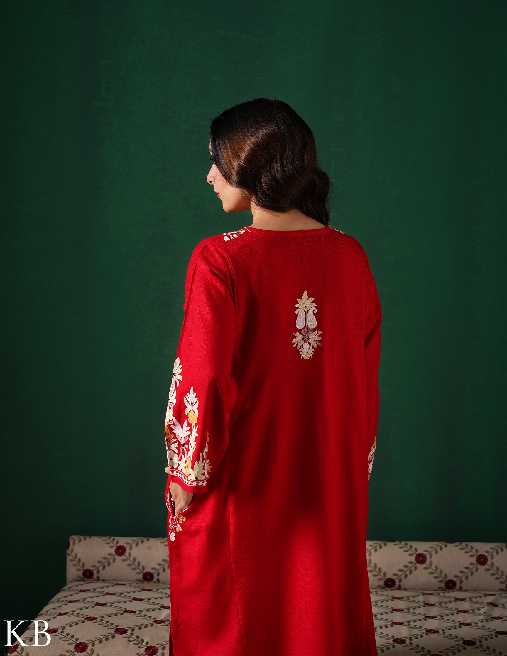 Kashmiri Light Yellow & White Aari Embroidered Woollen Phiran – Red | Timeless Winter Wear - Kashmir Box