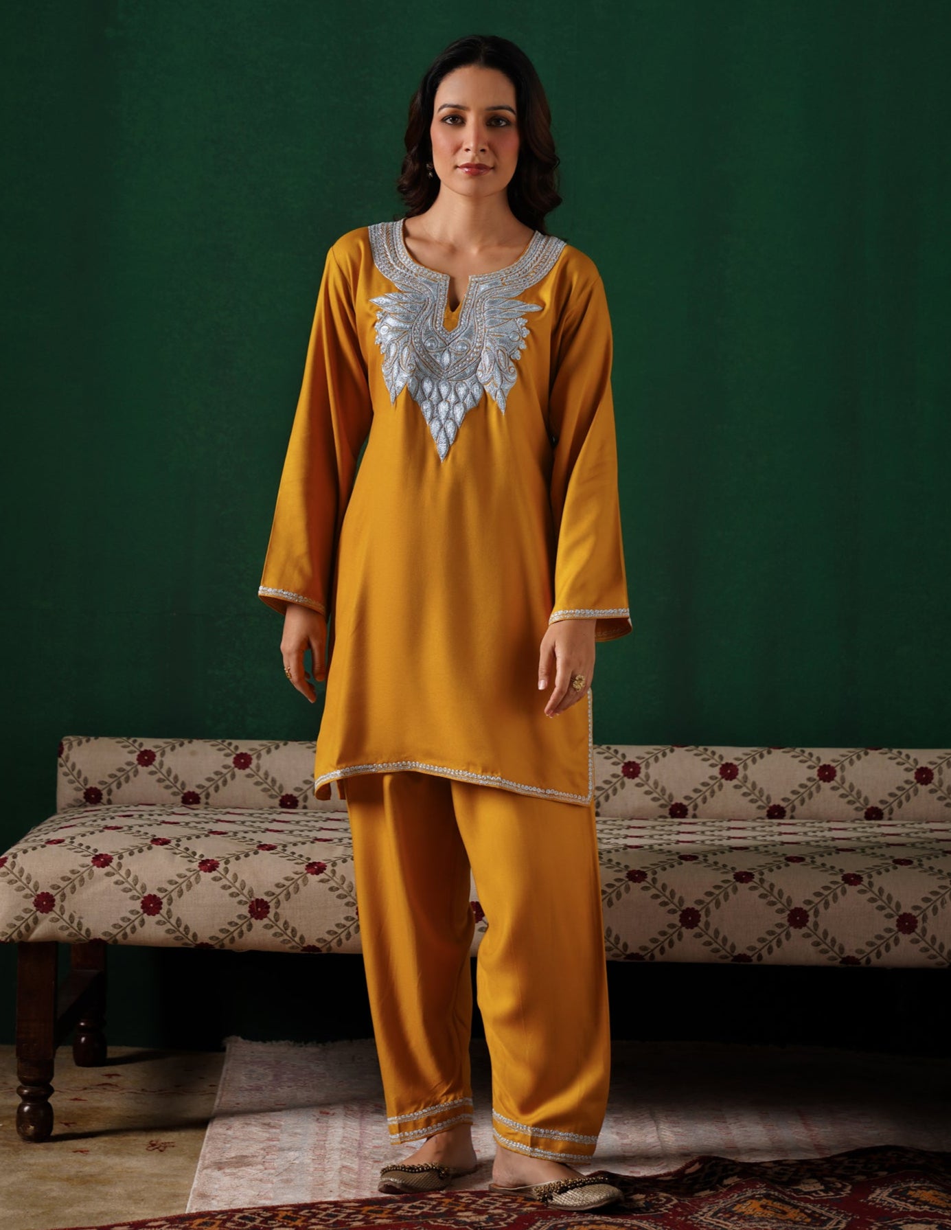 Kashmiri Silver Boti Tilla Embroidered Woollen Coordset – Mustard Yellow | Handcrafted Heritage - Kashmir Box