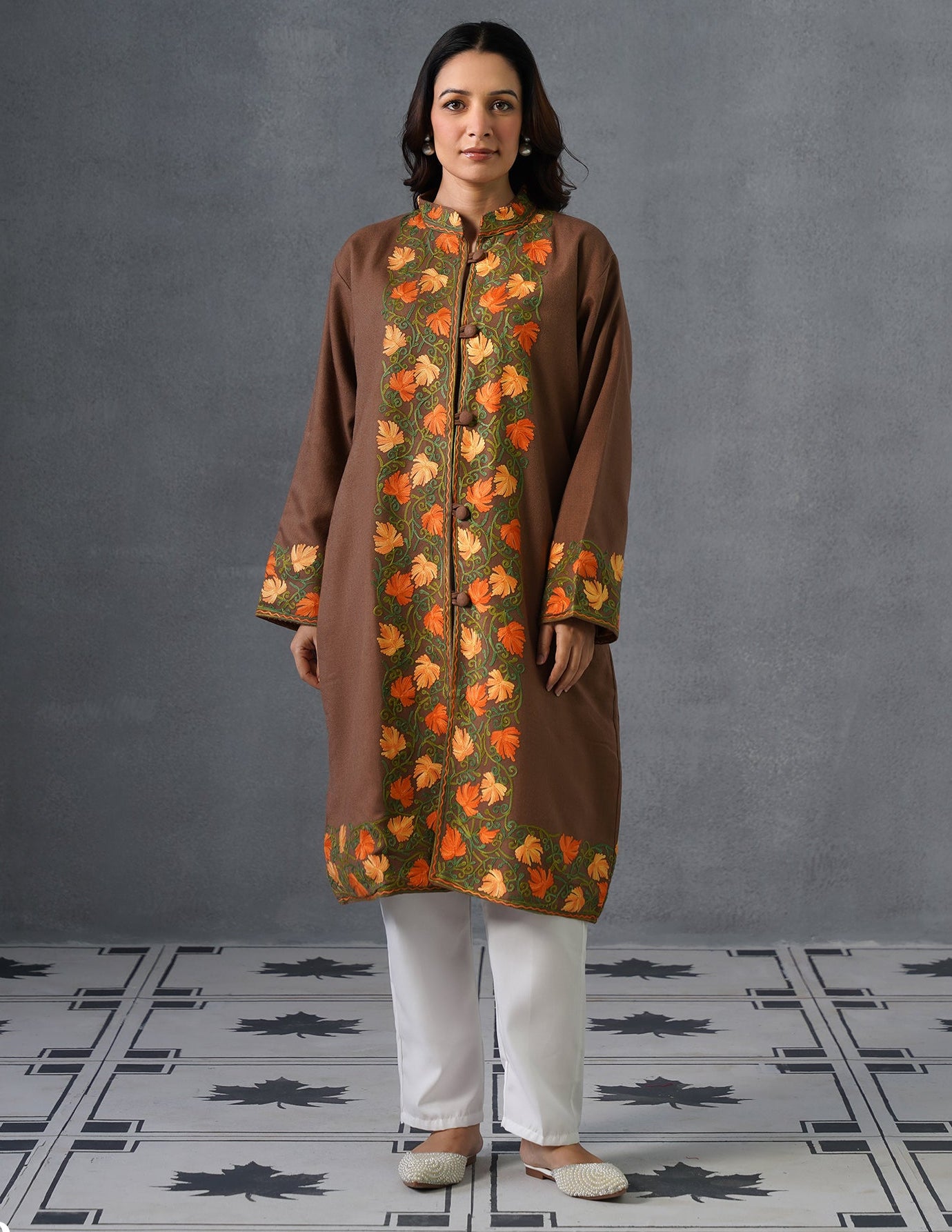 Nayaab Kashmiri Aari Embroidered Long Winter Jacket – Tea Brown | Festive Wear - Kashmir Box