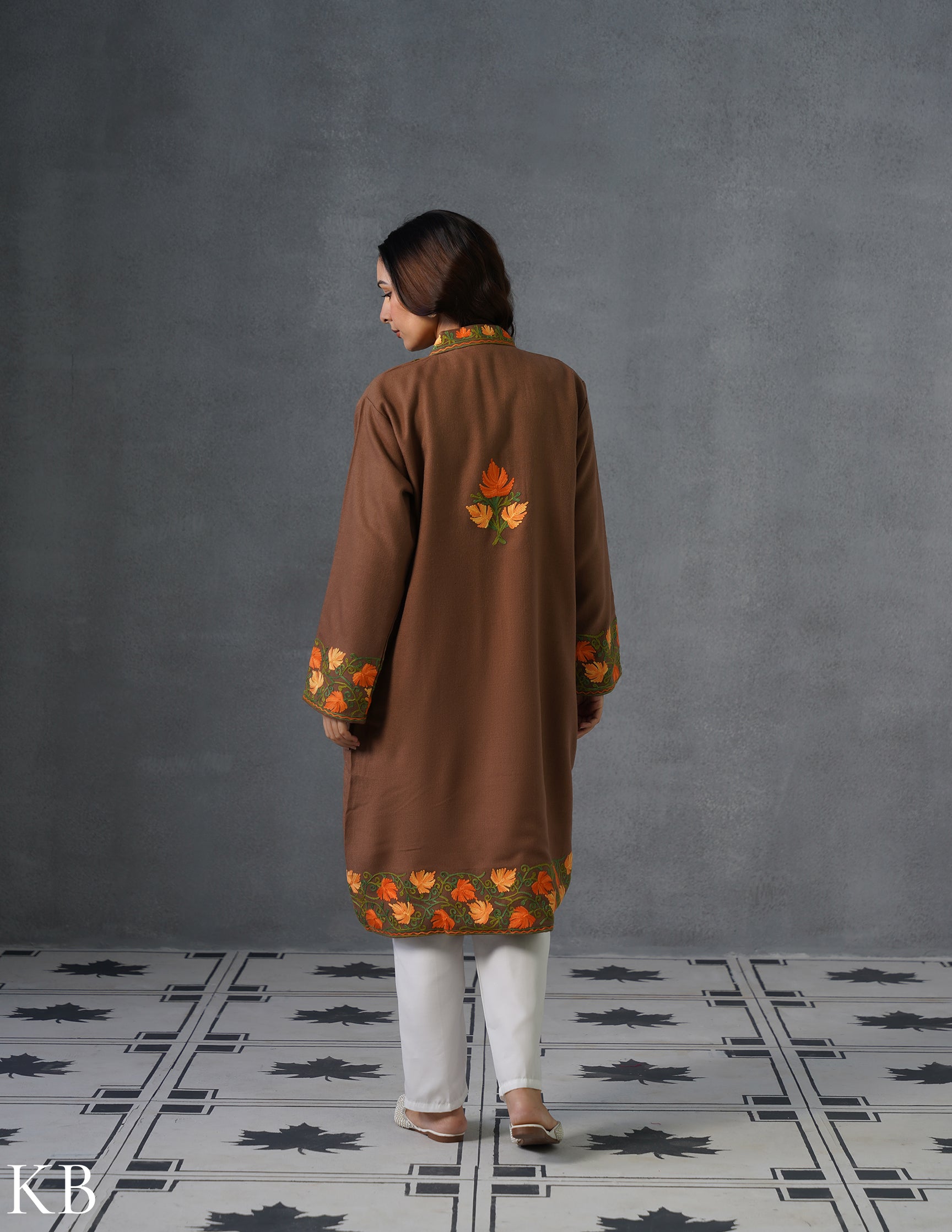 Nayaab Kashmiri Aari Embroidered Long Winter Jacket – Tea Brown | Festive Wear - Kashmir Box