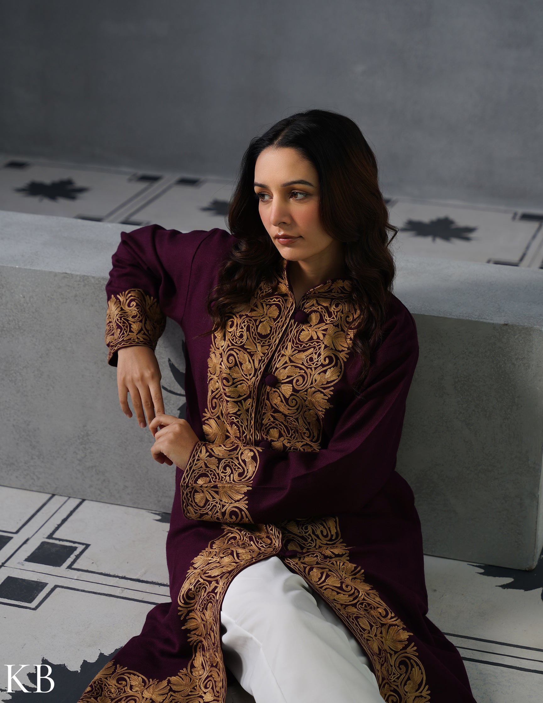 Nayaab Kashmiri Aari Embroidered Winter Jacket – Wine | Festive Wear - Kashmir Box