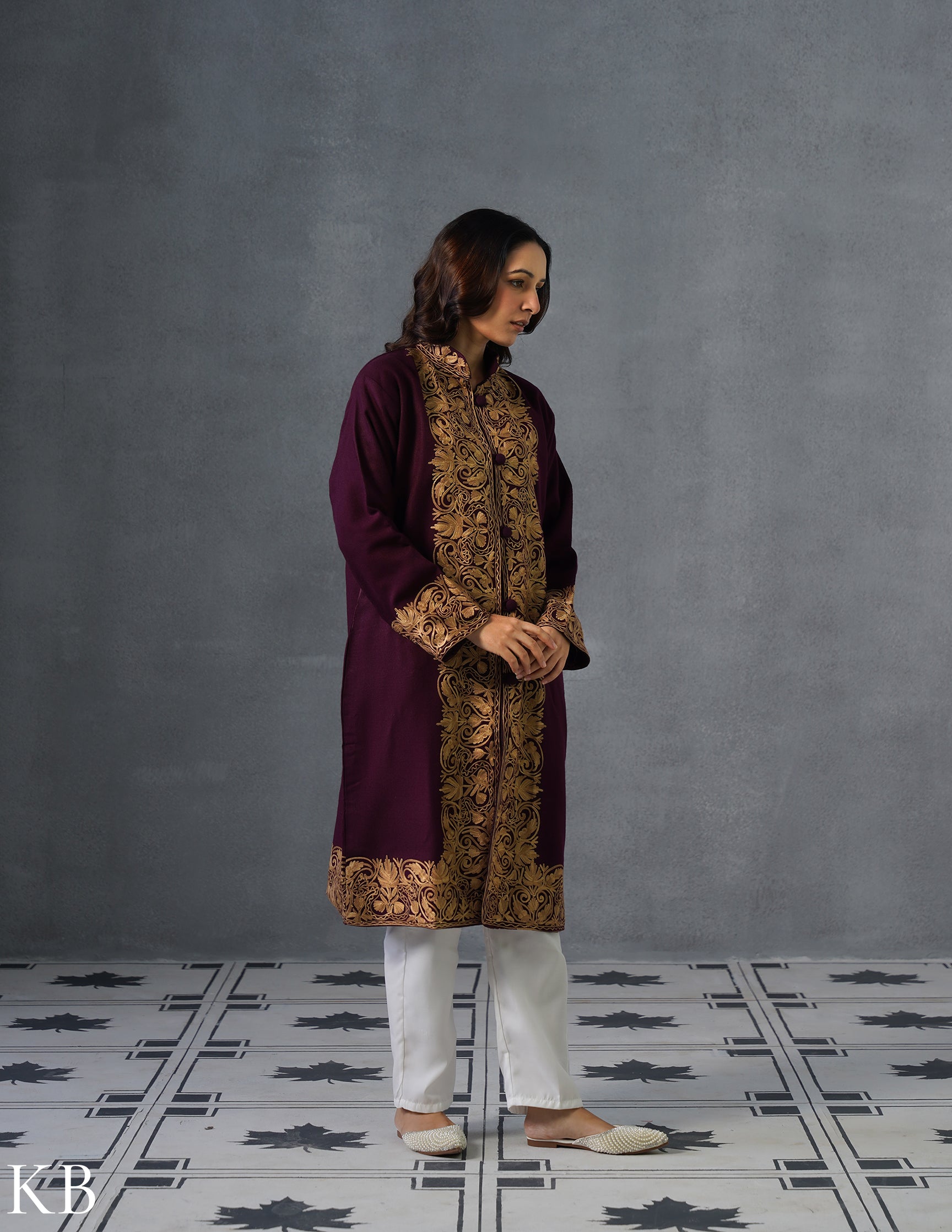 Nayaab Kashmiri Aari Embroidered Winter Jacket – Wine | Festive Wear - Kashmir Box