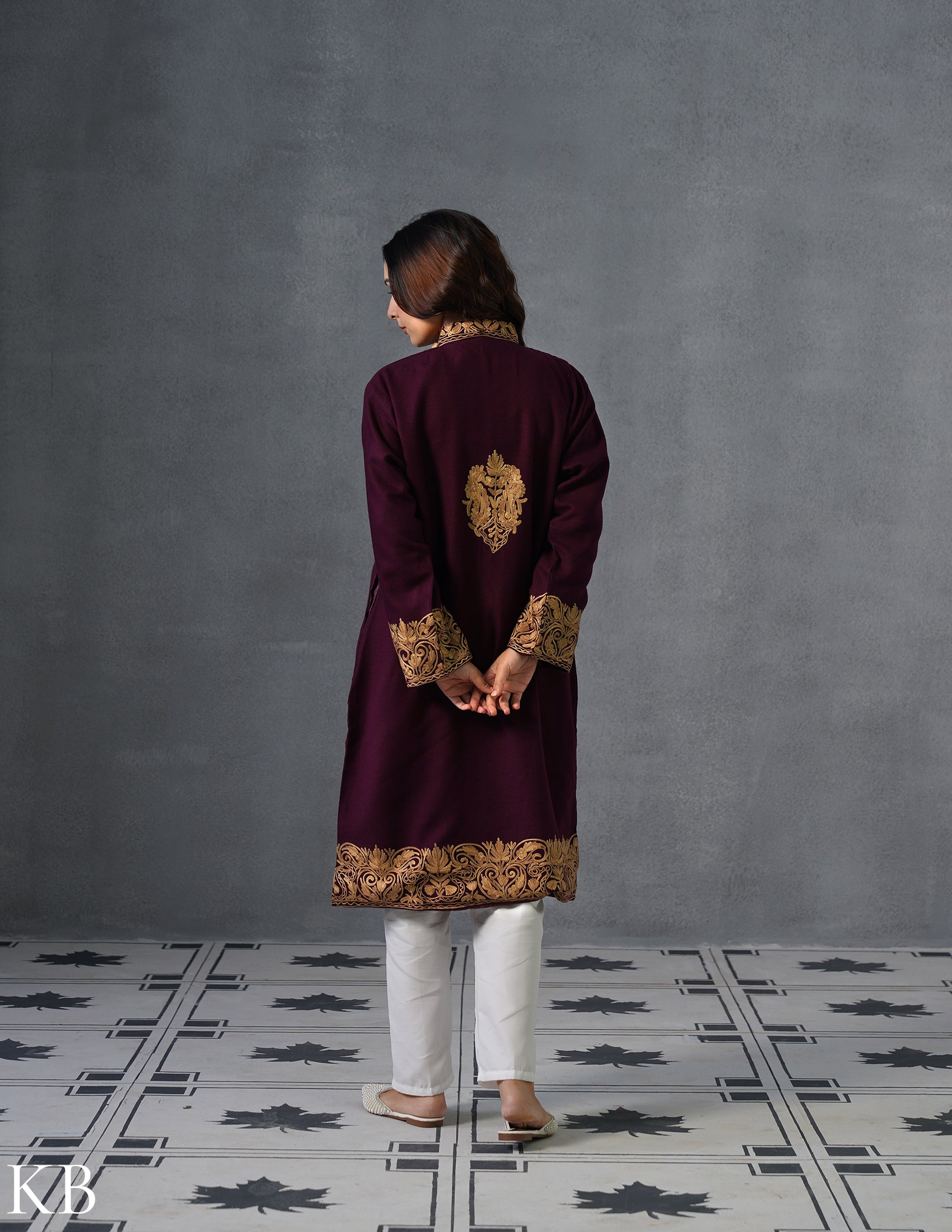 Nayaab Kashmiri Aari Embroidered Winter Jacket – Wine | Festive Wear - Kashmir Box