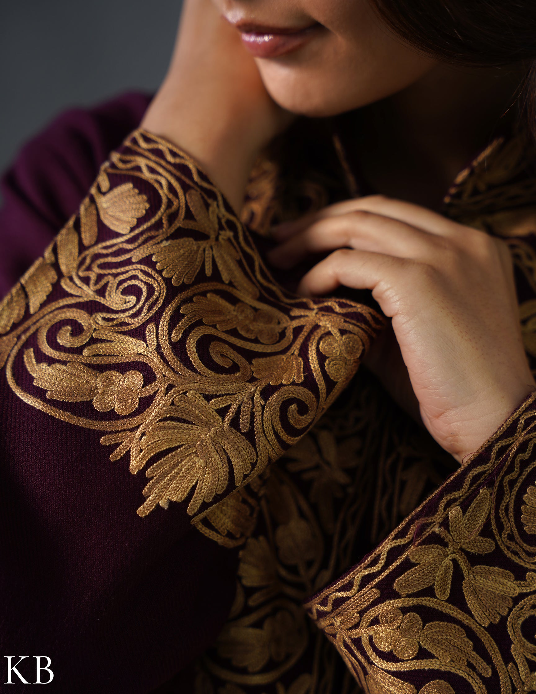 Nayaab Kashmiri Aari Embroidered Winter Jacket – Wine | Festive Wear - Kashmir Box