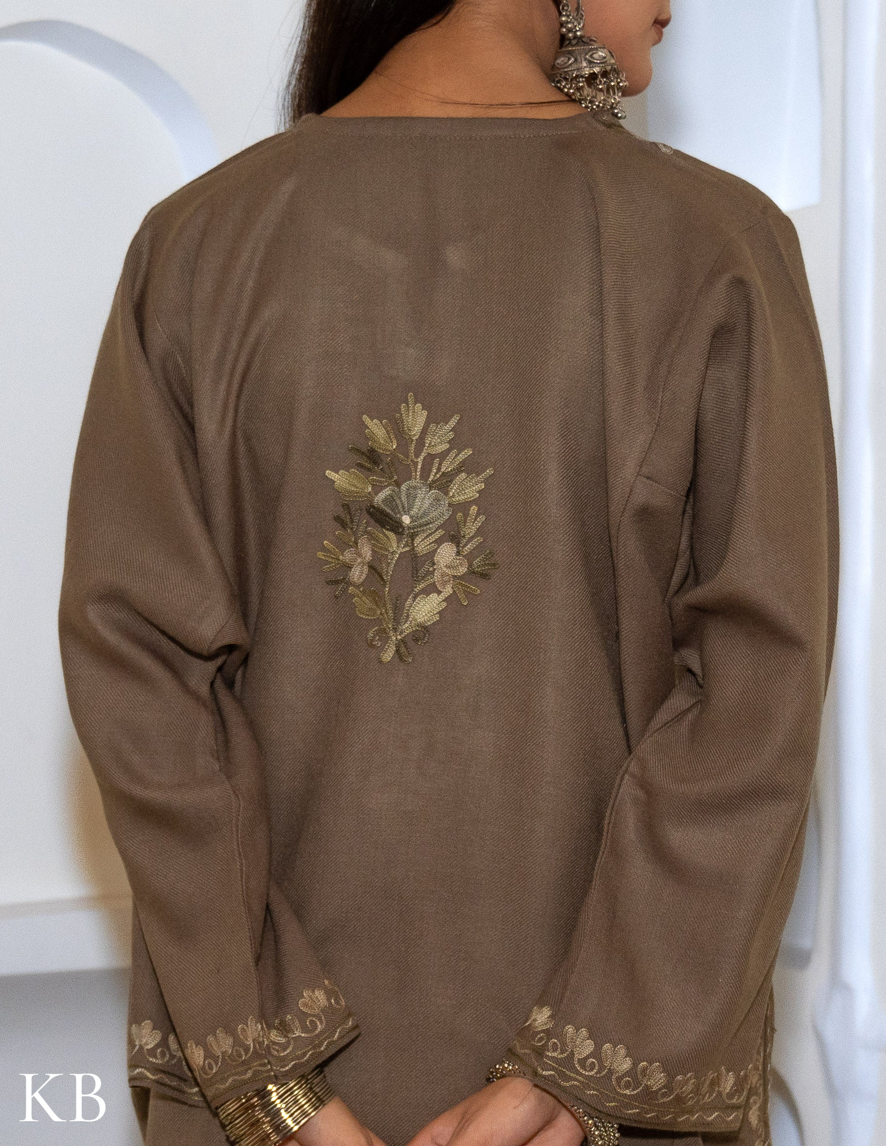 Rang-e-Khizan Pastel Brown Floral Aari Phiran - Kashmir Box