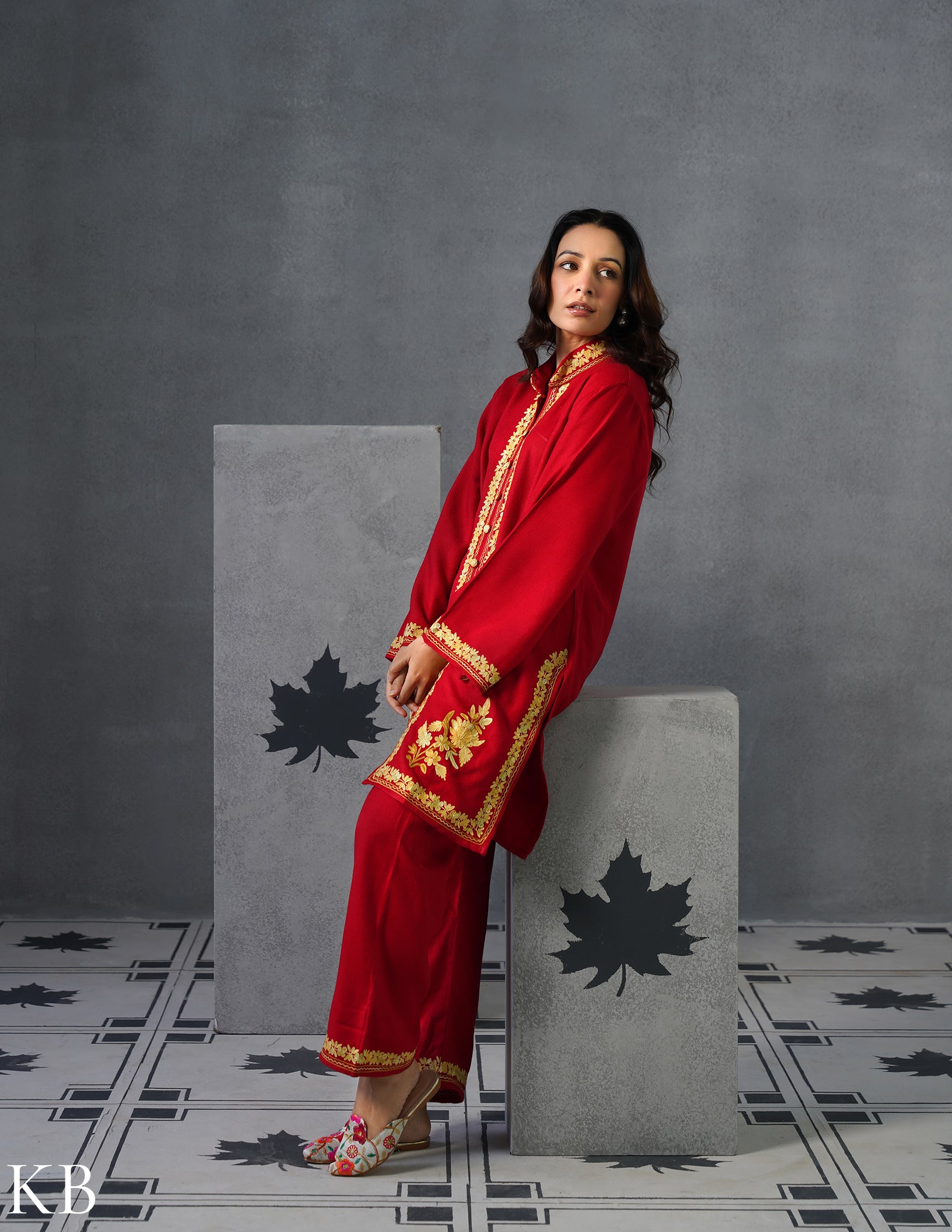 Kashmiri Golden Brown Aari Embroidered Woollen Coordset – Red | Festive Winter Wear - Kashmir Box