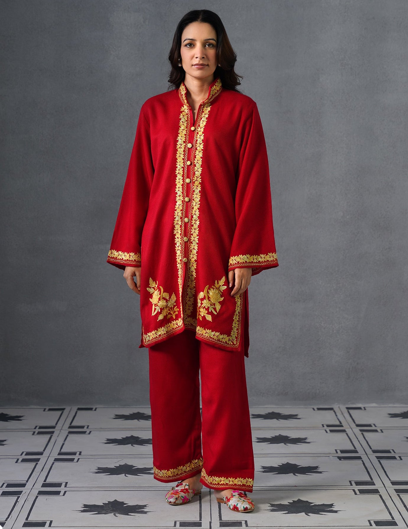 Kashmiri Golden Brown Aari Embroidered Woollen Coordset – Red | Festive Winter Wear - Kashmir Box