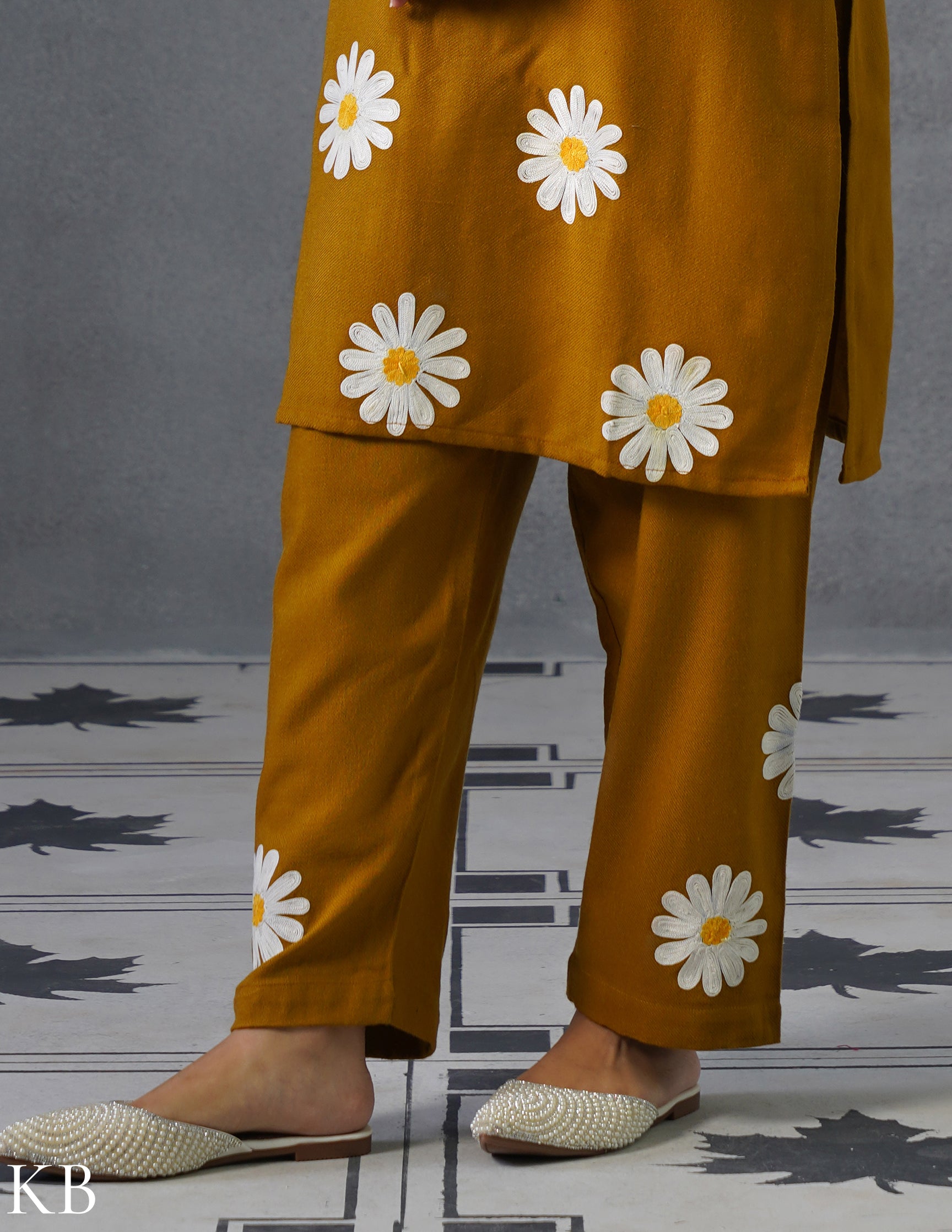 Kashmiri White, Grey & Yellow Aari Embroidered Woollen Coordset – Mustard | Everyday Winter Wear - Kashmir Box