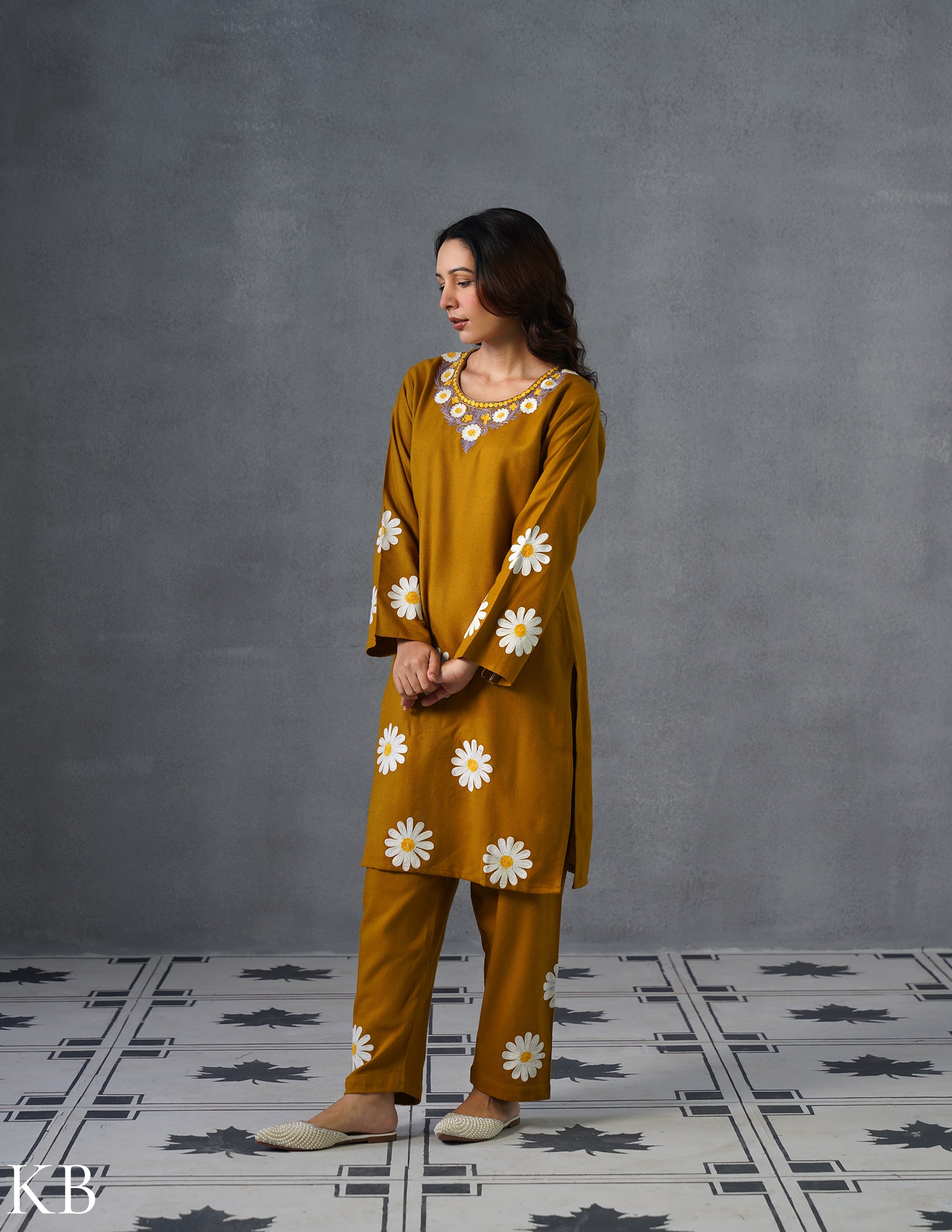 Kashmiri White, Grey & Yellow Aari Embroidered Woollen Coordset – Mustard | Everyday Winter Wear - Kashmir Box