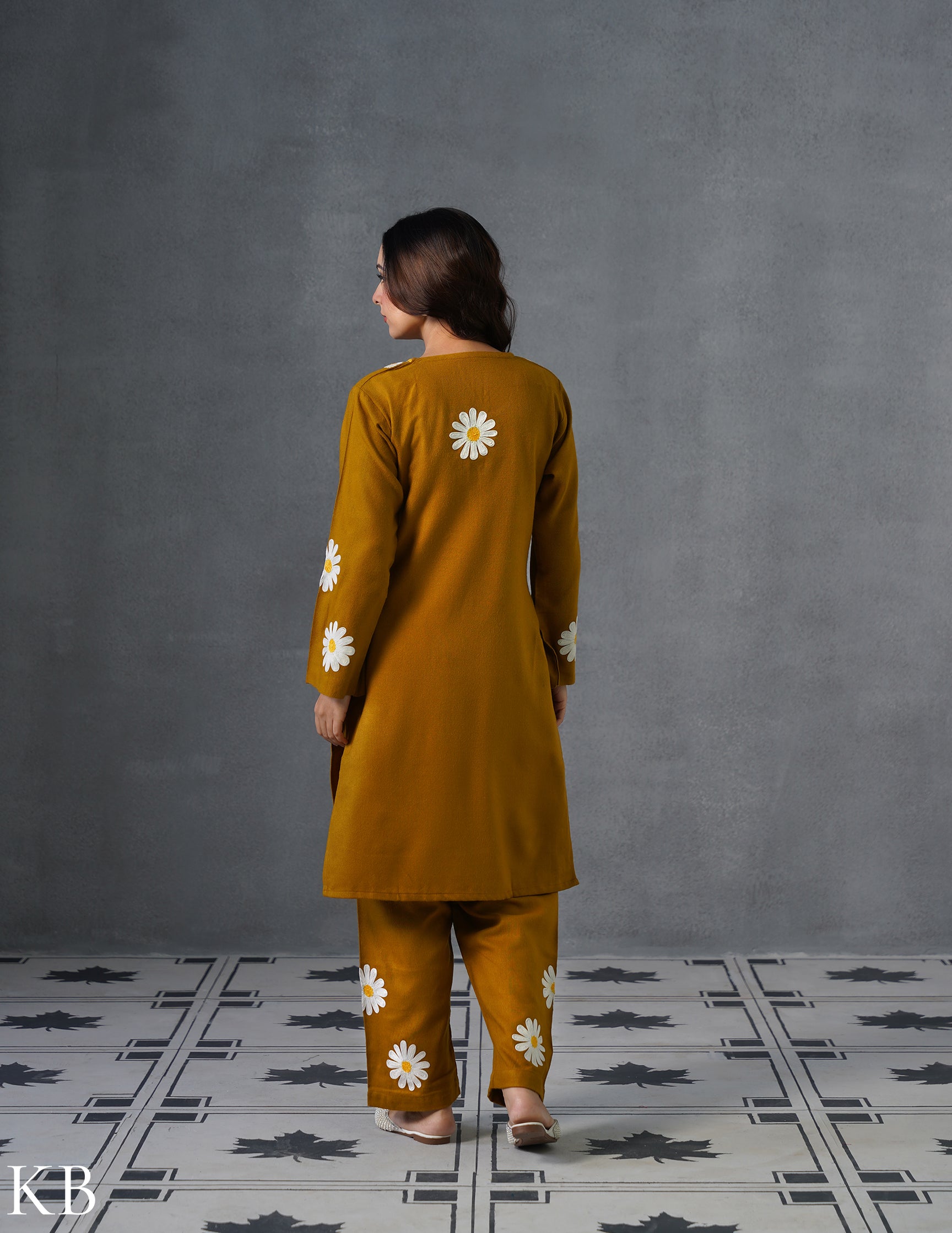 Kashmiri White, Grey & Yellow Aari Embroidered Woollen Coordset – Mustard | Everyday Winter Wear - Kashmir Box