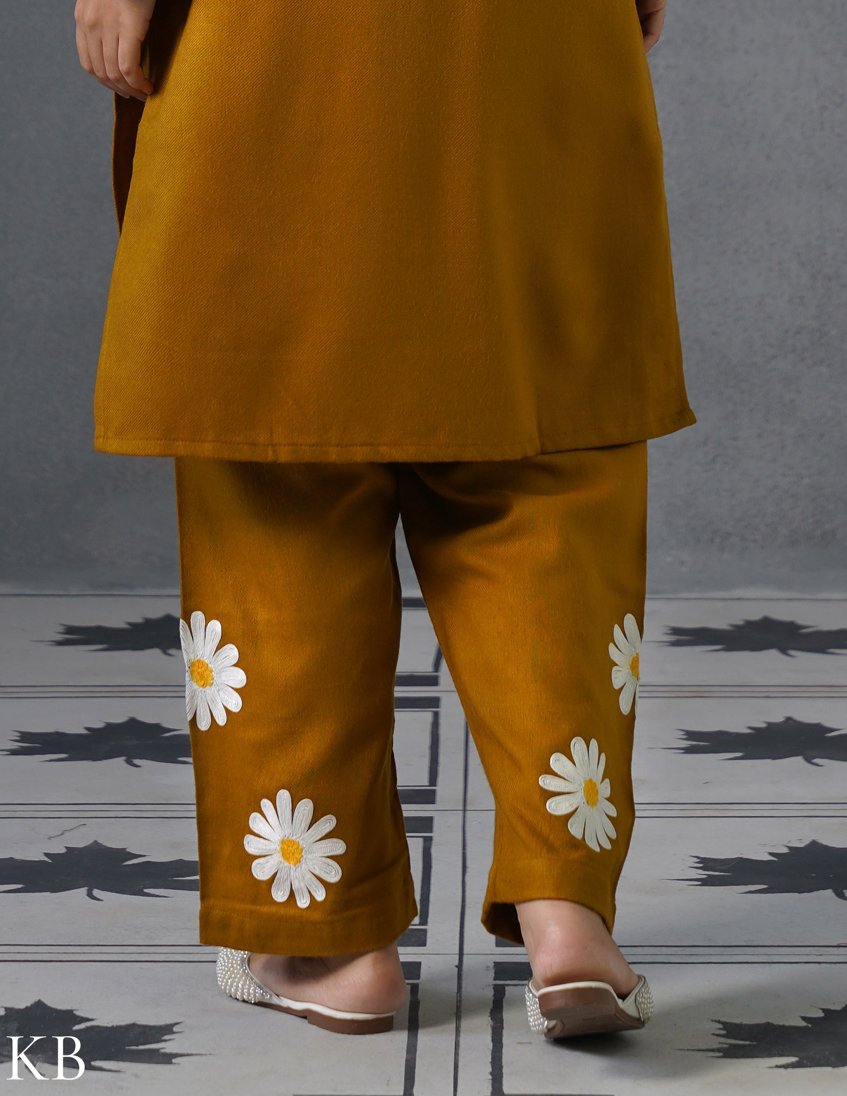 Kashmiri White, Grey & Yellow Aari Embroidered Woollen Coordset – Mustard | Everyday Winter Wear - Kashmir Box