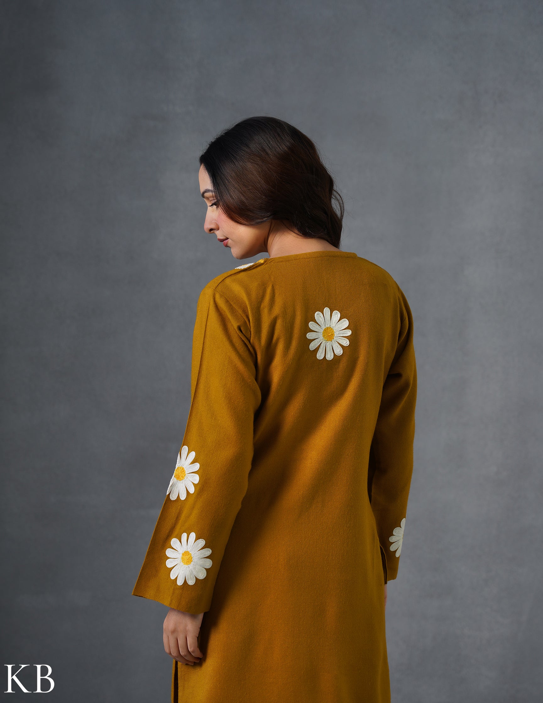 Kashmiri White, Grey & Yellow Aari Embroidered Woollen Coordset – Mustard | Everyday Winter Wear - Kashmir Box