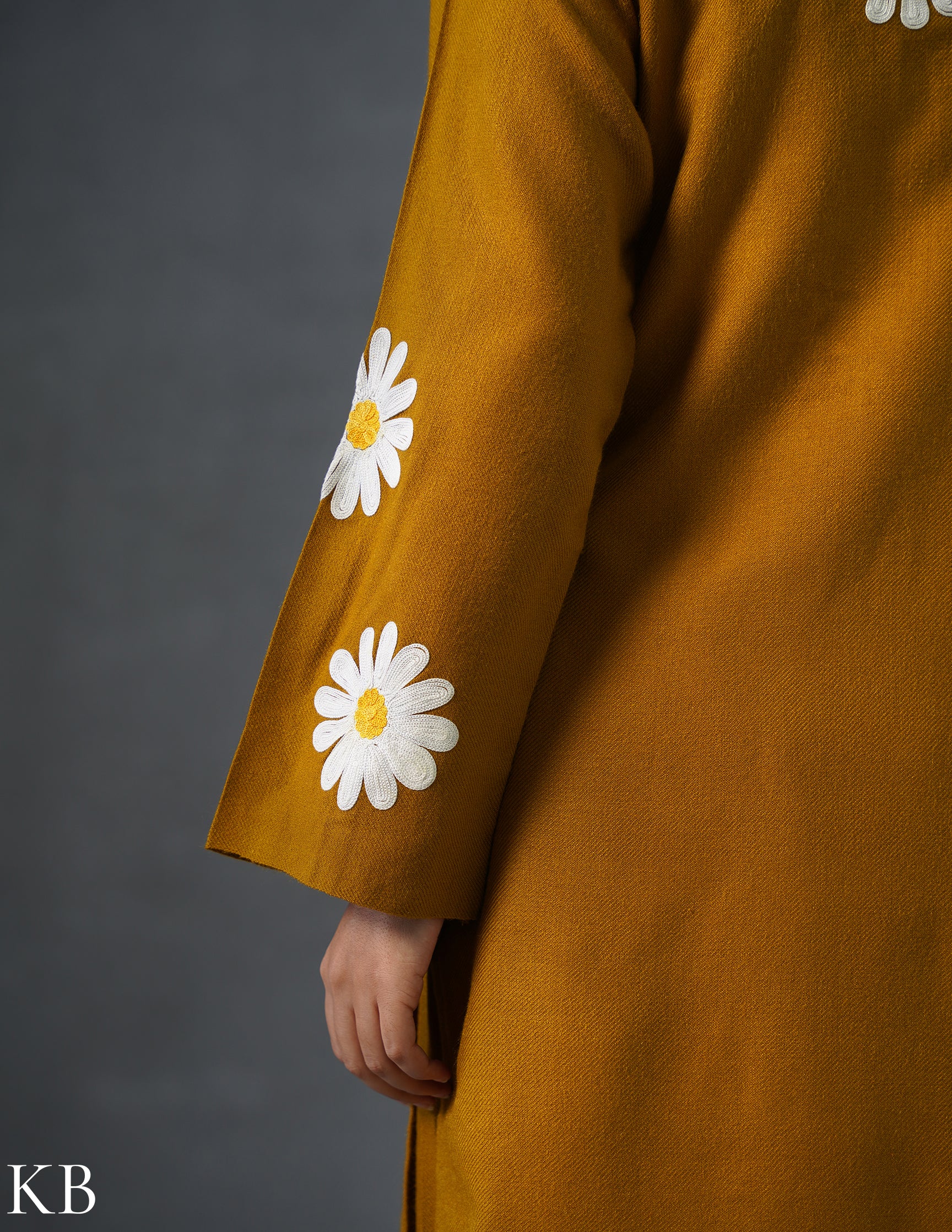 Kashmiri White, Grey & Yellow Aari Embroidered Woollen Coordset – Mustard | Everyday Winter Wear - Kashmir Box