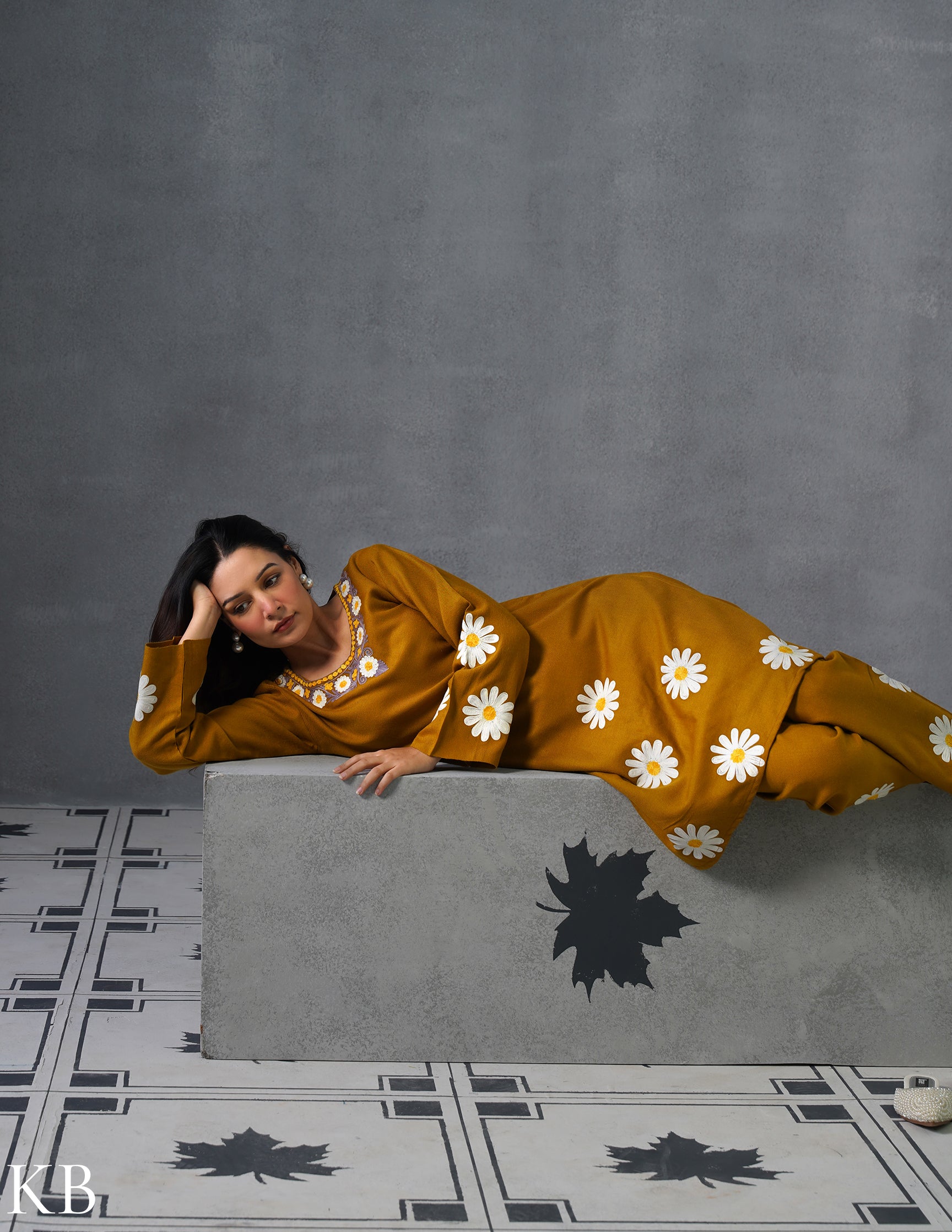 Kashmiri White, Grey & Yellow Aari Embroidered Woollen Coordset – Mustard | Everyday Winter Wear - Kashmir Box